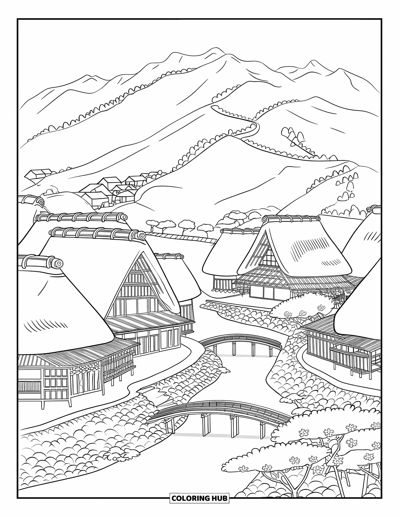Desen de colorat cu Japonia pentru adulți: Un sat pitoresc se află între munți, cu cireși înfloriți care mărginesc podurile sale de lemn