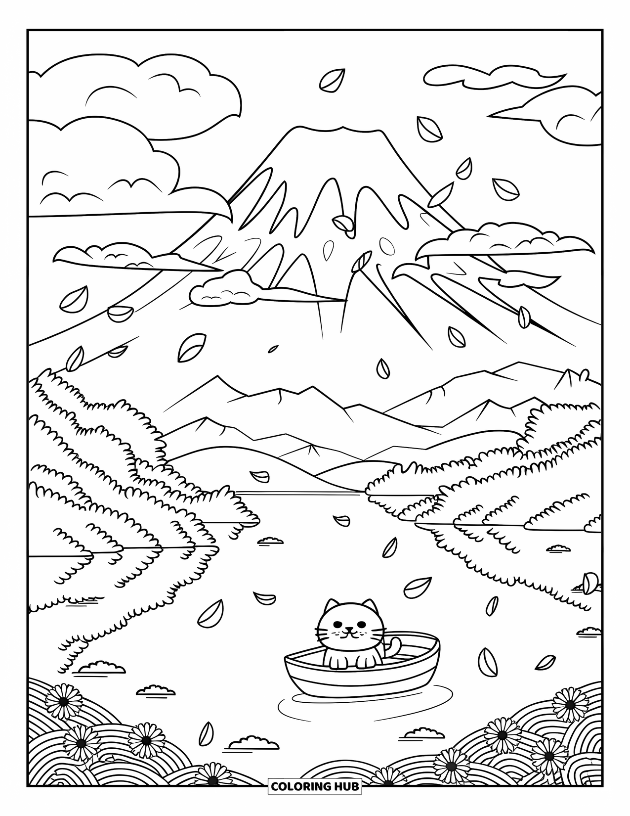 Desen de colorat cu Japonia pentru adulți: O scenă senină cu Muntele Fuji, cu cireși sakura și o barcă mică care se reflectă pe lac