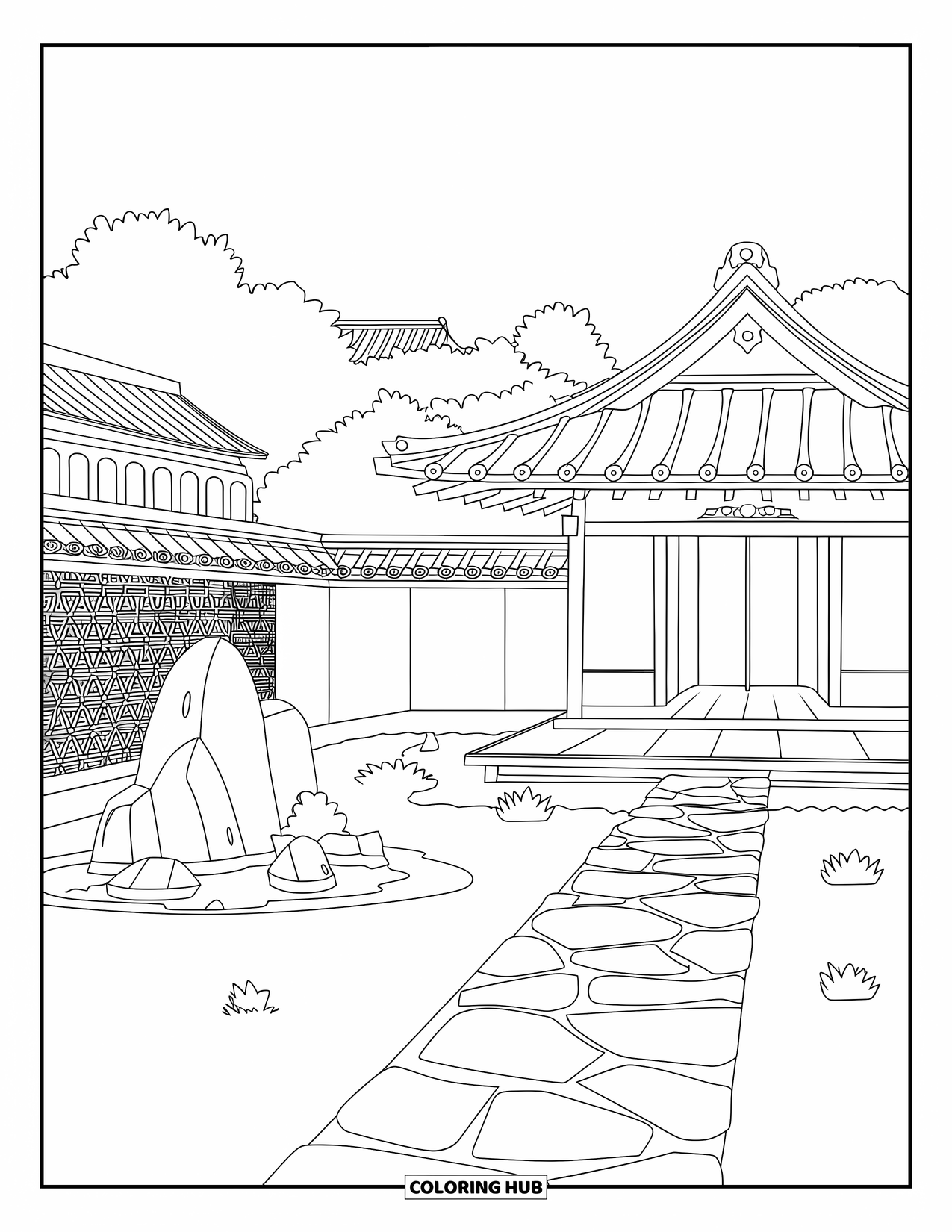 Desen de colorat cu Japonia pentru adulți: O ceainărie senină este amplasată într-o grădină cu o potecă de piatră și detalii tradiționale