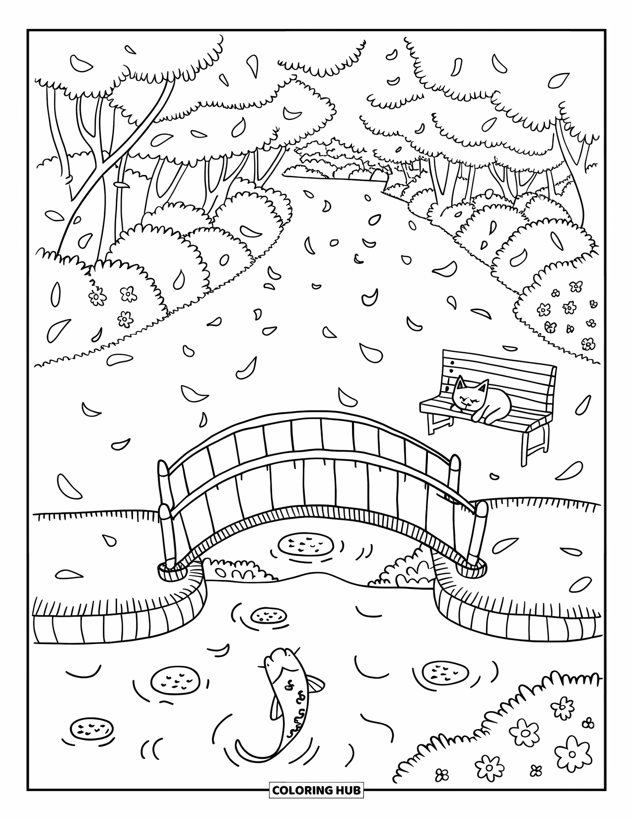 Desen de colorat cu Japonia pentru adulți: O pisică somnoroasă trage un pui de somn pe o bancă în timp ce cireșii înfloriți plutesc în briză