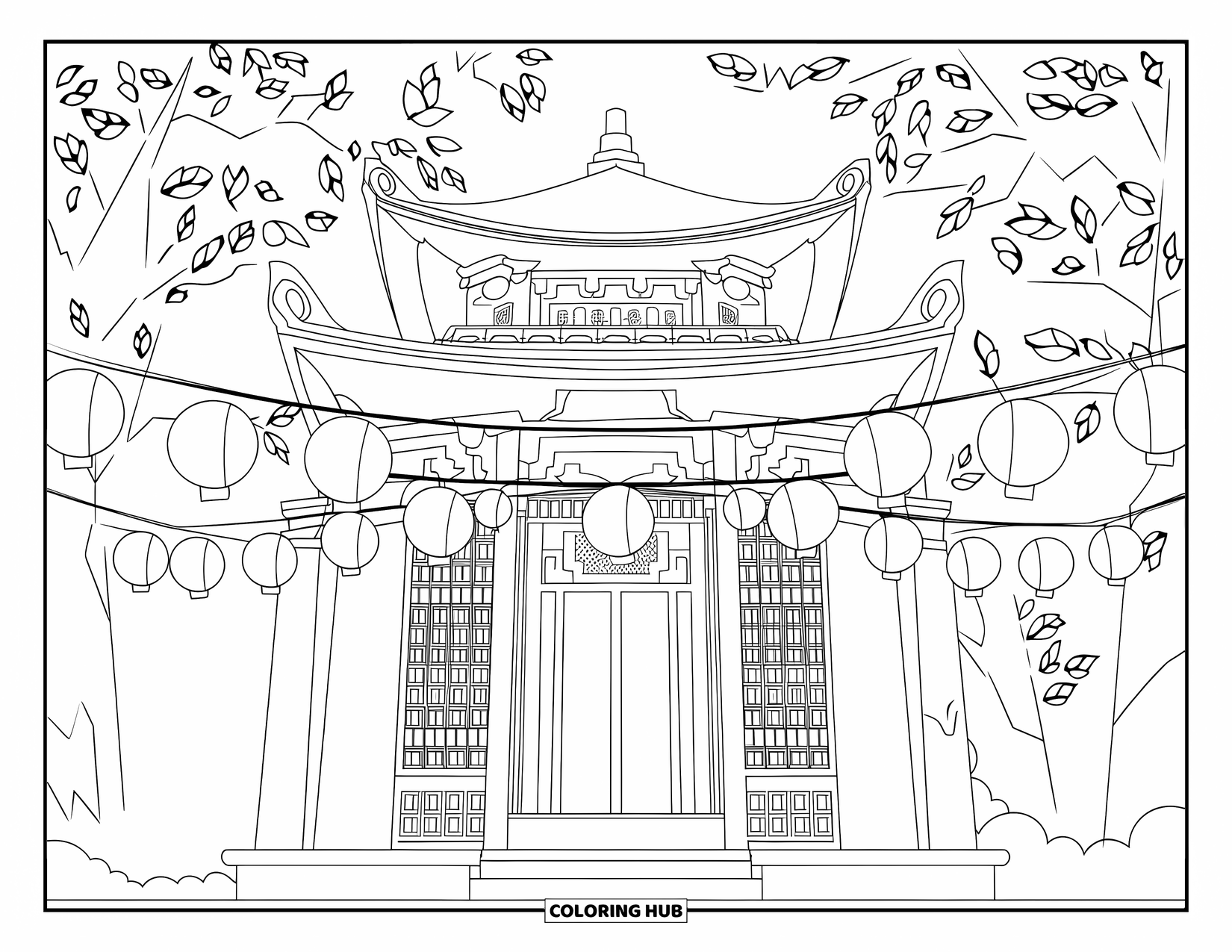 Desen de colorat cu Japonia pentru adulți: Un templu scăldat în lumina felinarelor se află printre copaci cu detalii arhitecturale complicate
