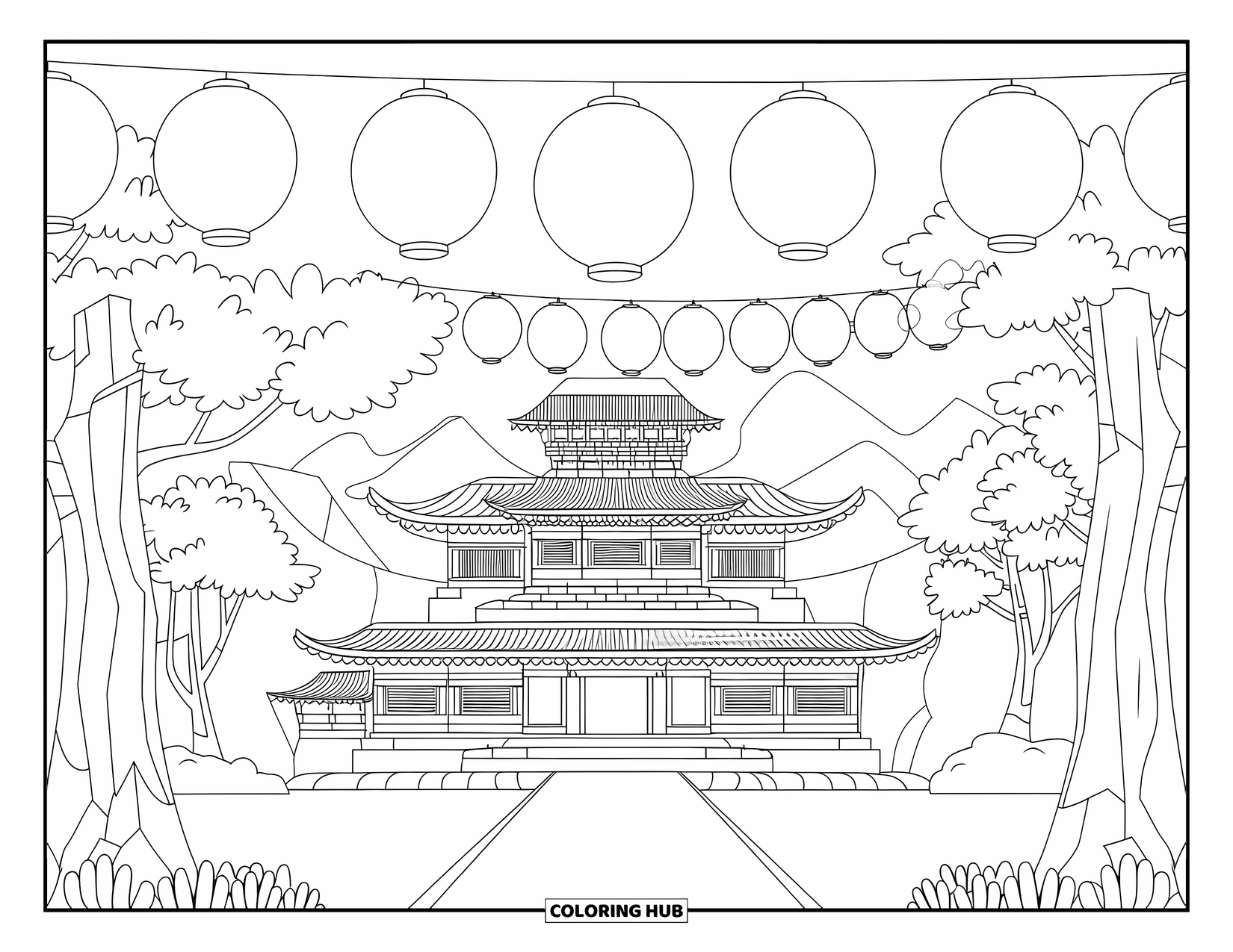 Desen de colorat cu Japonia pentru adulți: Un complex de temple strălucește sub lumina lunii, cu o potecă care duce prin copaci