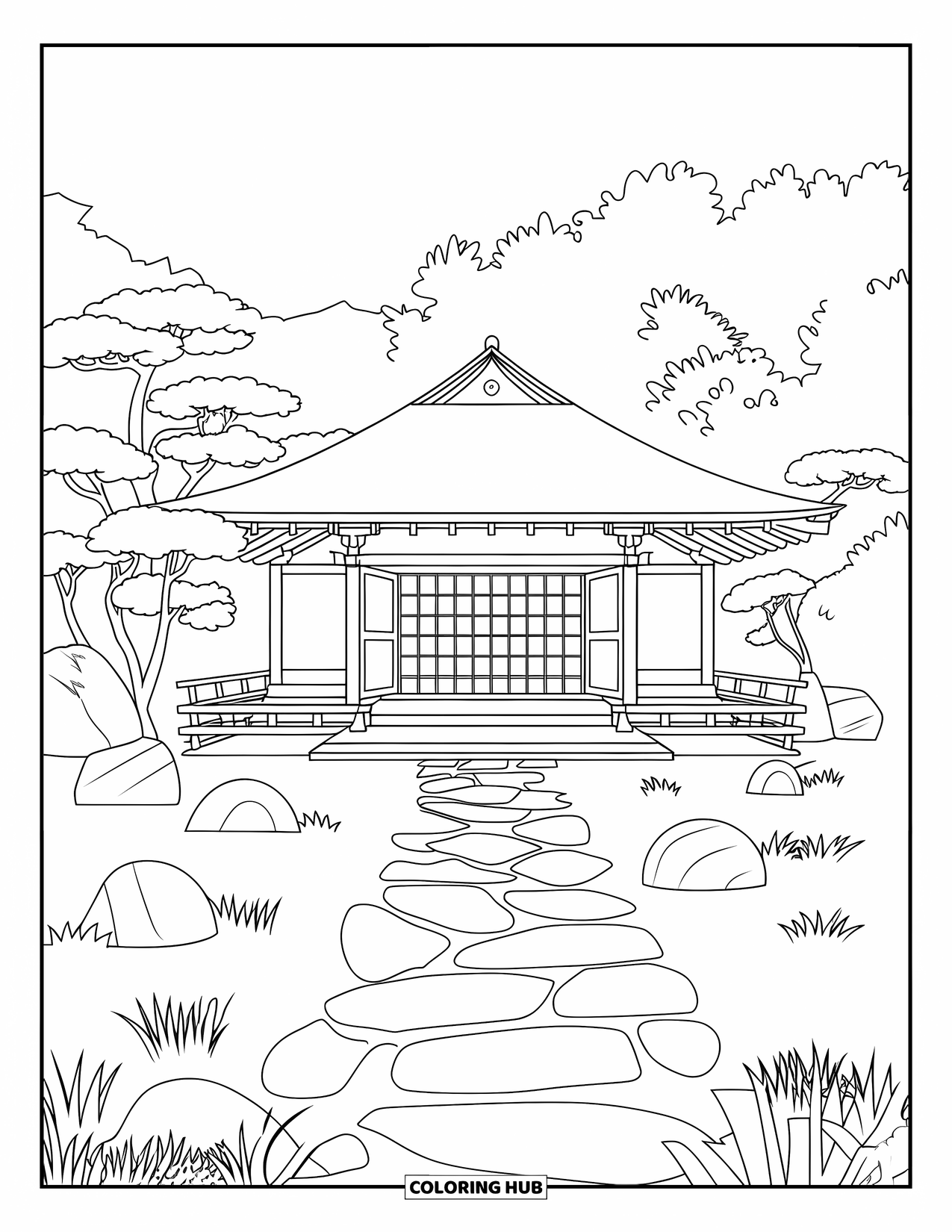 Desen de colorat cu Japonia pentru adulți: O ceainărie cu acoperiș de paie este înconjurată de stânci, copaci și apă curgătoare