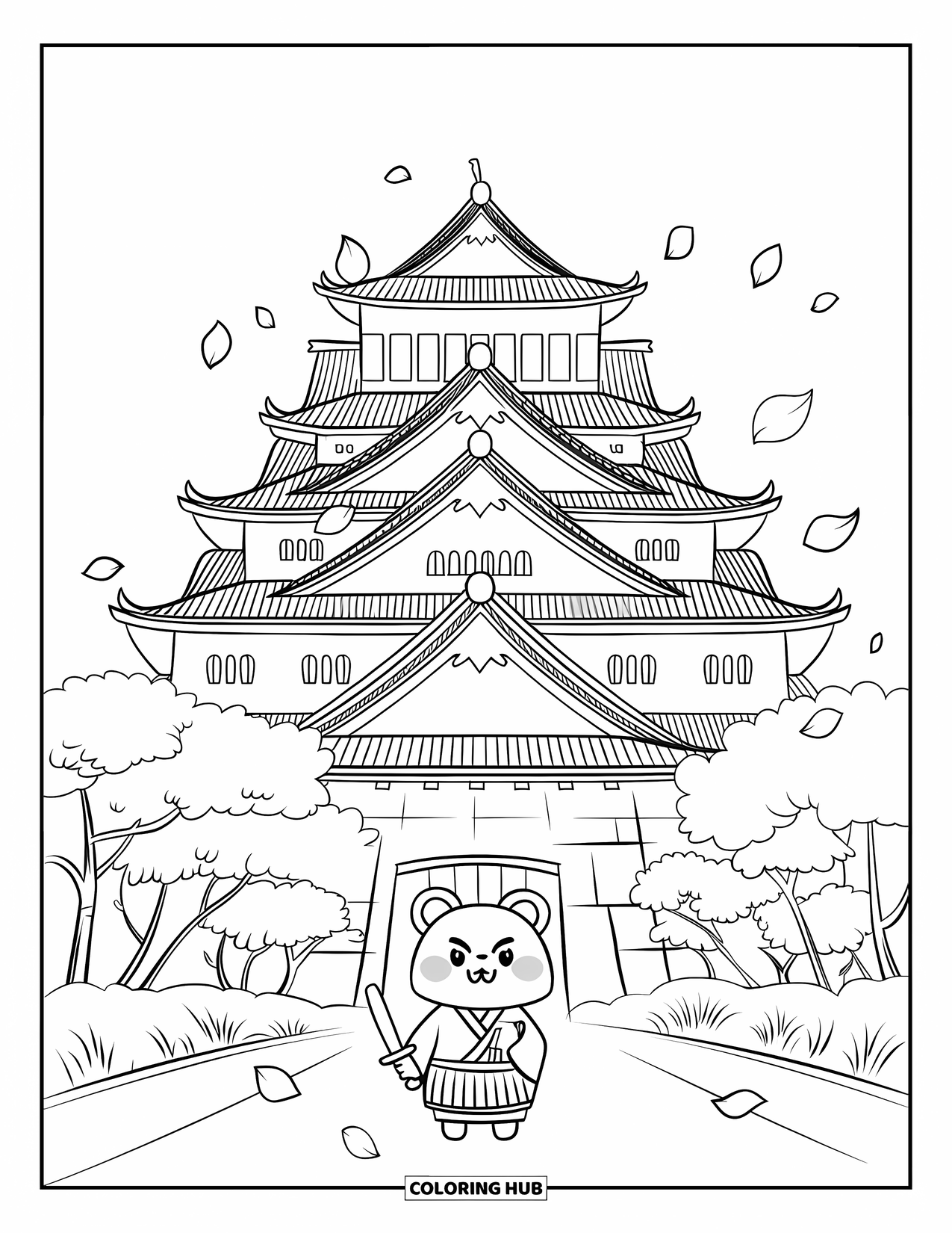 Desen de colorat cu Japonia pentru adulți: Un mic războinic urs ține o sabie de lemn lângă Castelul Osaka și cireșii înfloriți