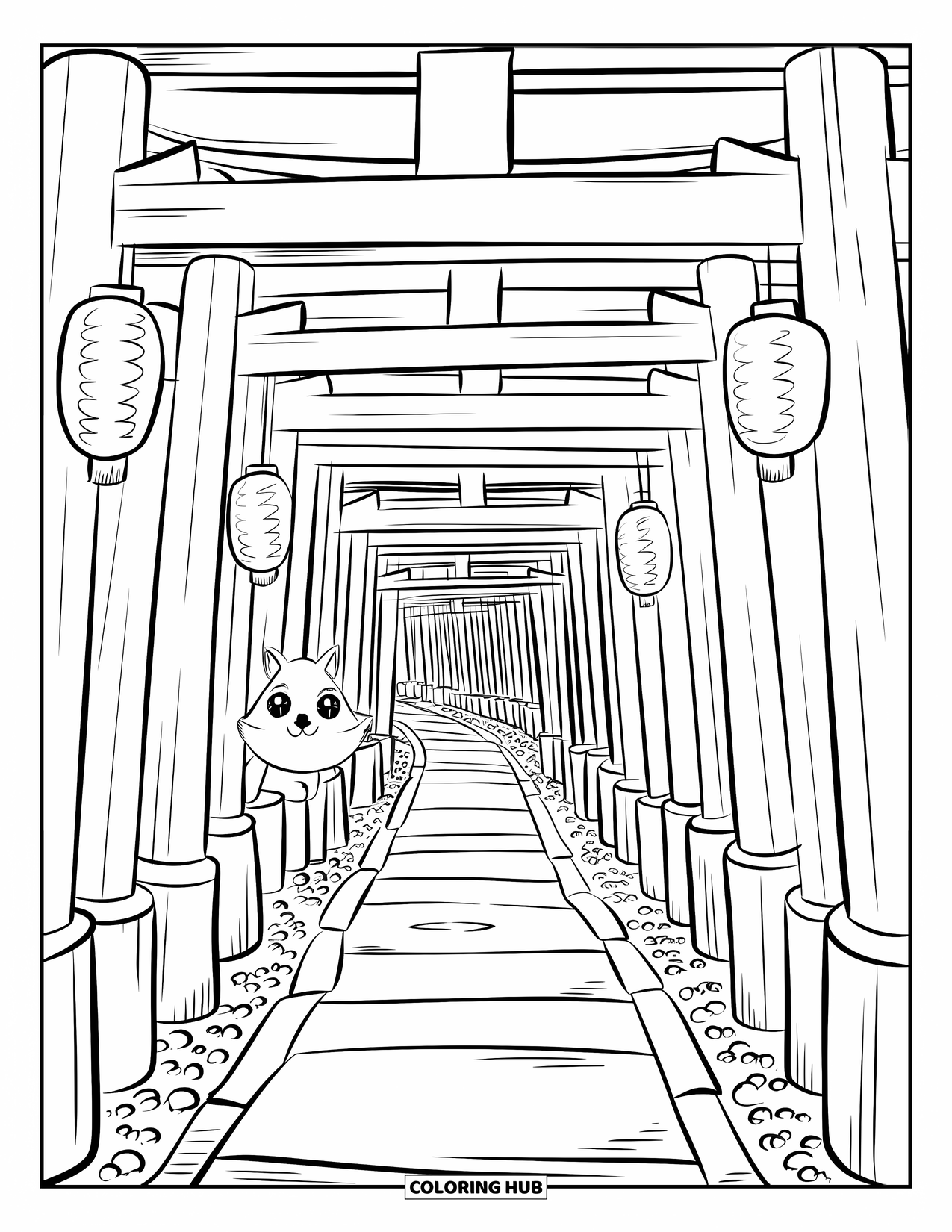 Desen de colorat cu Japonia pentru adulți: Un spirit vulpoi mic se uită timid de după porțile torii ale altarului Fushimi Inari