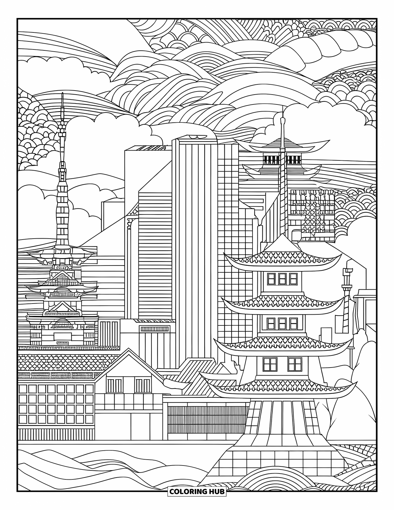 Desen de colorat cu Japonia pentru adulți: Un peisaj urban din Tokyo îmbină zgârie-nori impunători cu arhitectură tradițională și modele complicate