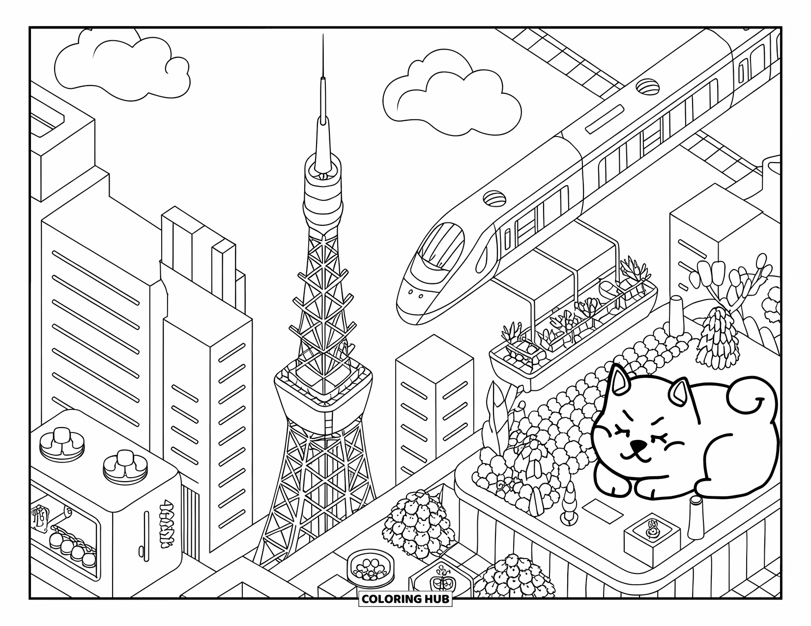 Desen de colorat cu Japonia pentru adulți: Un tren gonește pe lângă Turnul Tokyo, înconjurat de zgârie-nori în miniatură și o grădină pe acoperiș