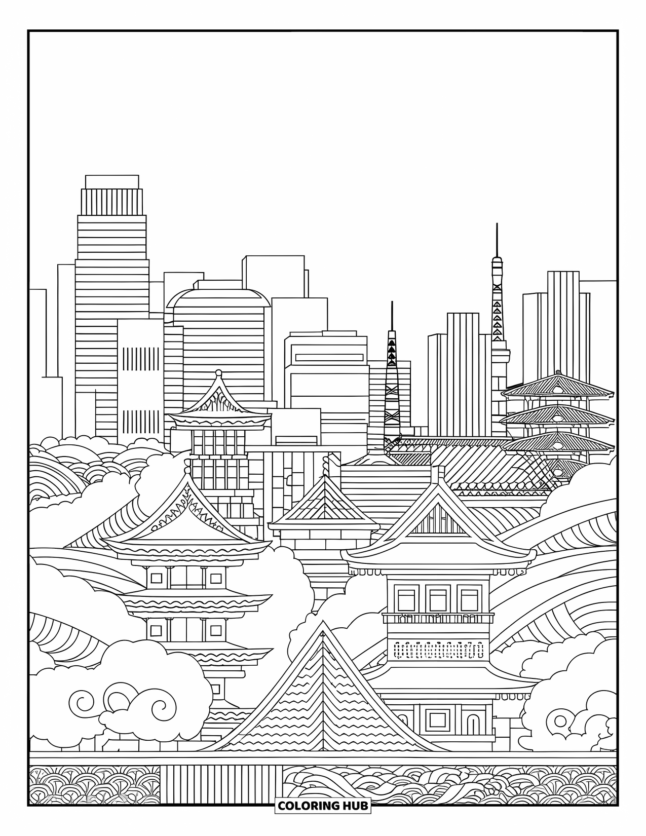 Desen de colorat cu Japonia pentru adulți: O scenă vibrantă din Tokyo prezintă turnuri futuriste și porți clasice, pline de detalii bogate