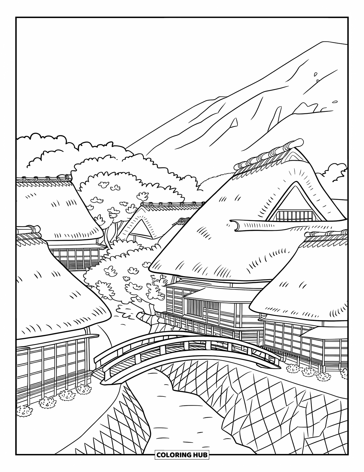Desen de colorat cu Japonia pentru adulți: Un pod de lemn traversează un râu într-un sat liniștit, înconjurat de cireși înfloriți