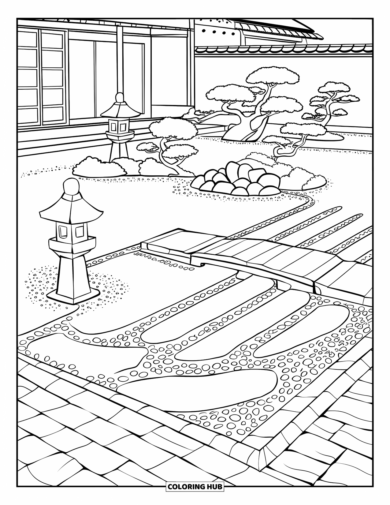 Desen de colorat cu Japonia pentru adulți: O grădină Zen cu modele de nisip curgător, felinare de piatră și bonsai invită la calm