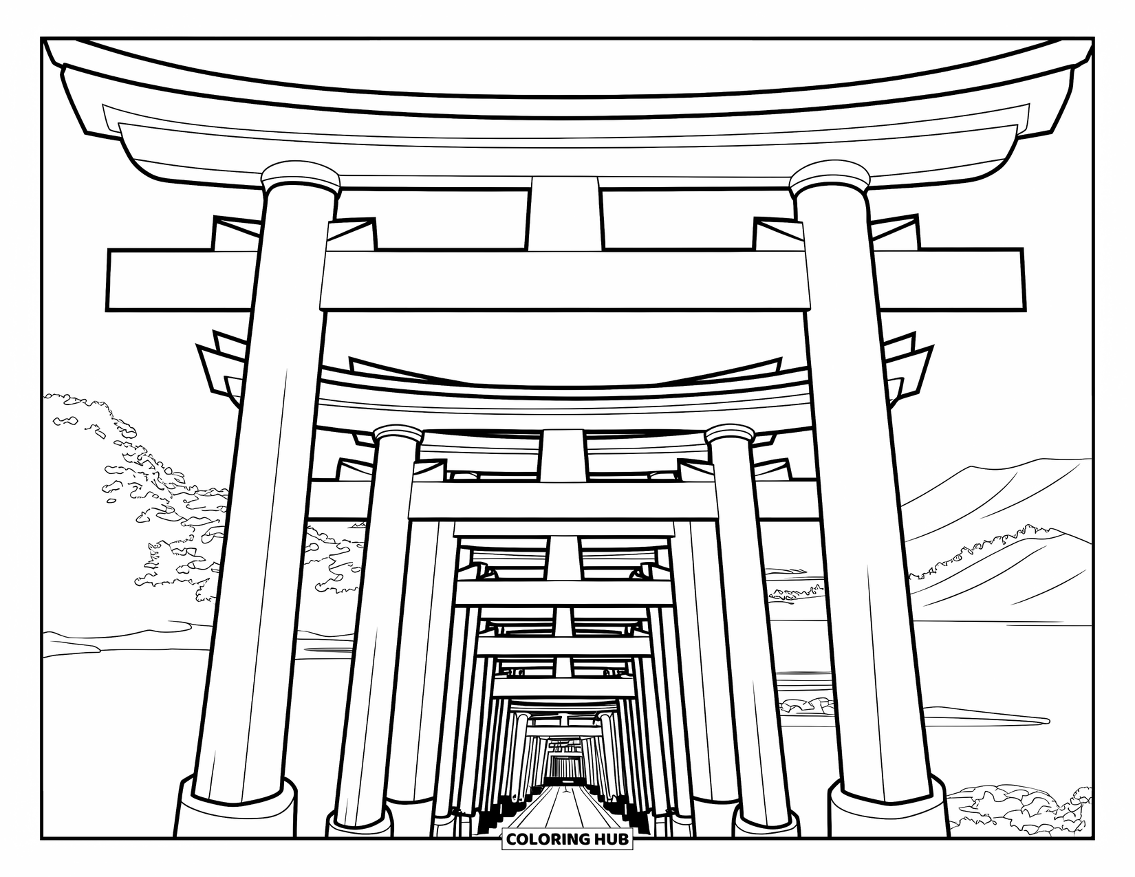 Desen de colorat cu Japonia pentru adulți: Porțile torii din Fushimi Inari creează o potecă șerpuită mărginită de altare și verdeață