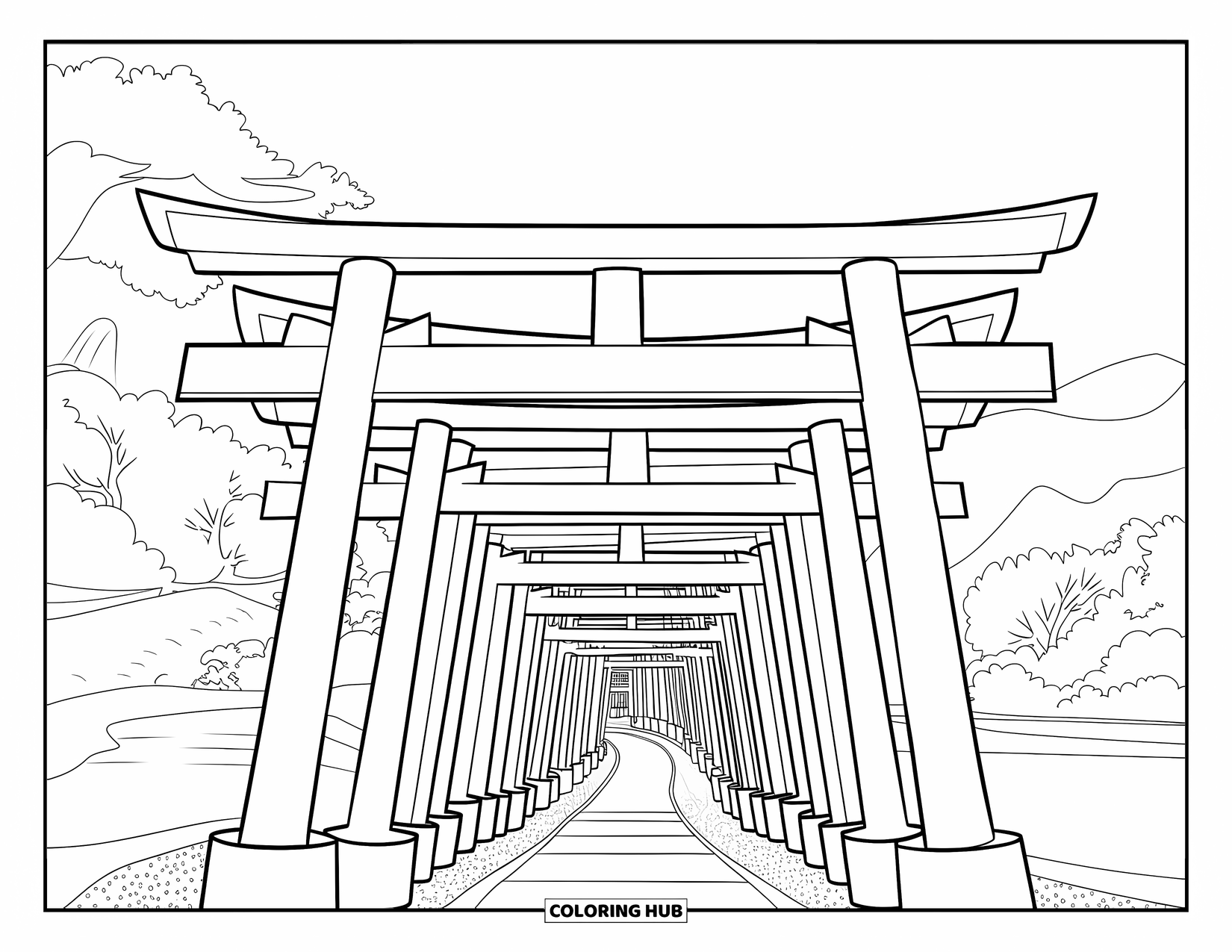 Desen de colorat cu Japonia pentru adulți: Porți torii complicate formează o potecă curbată în sus pe un munte, înconjurată de copaci