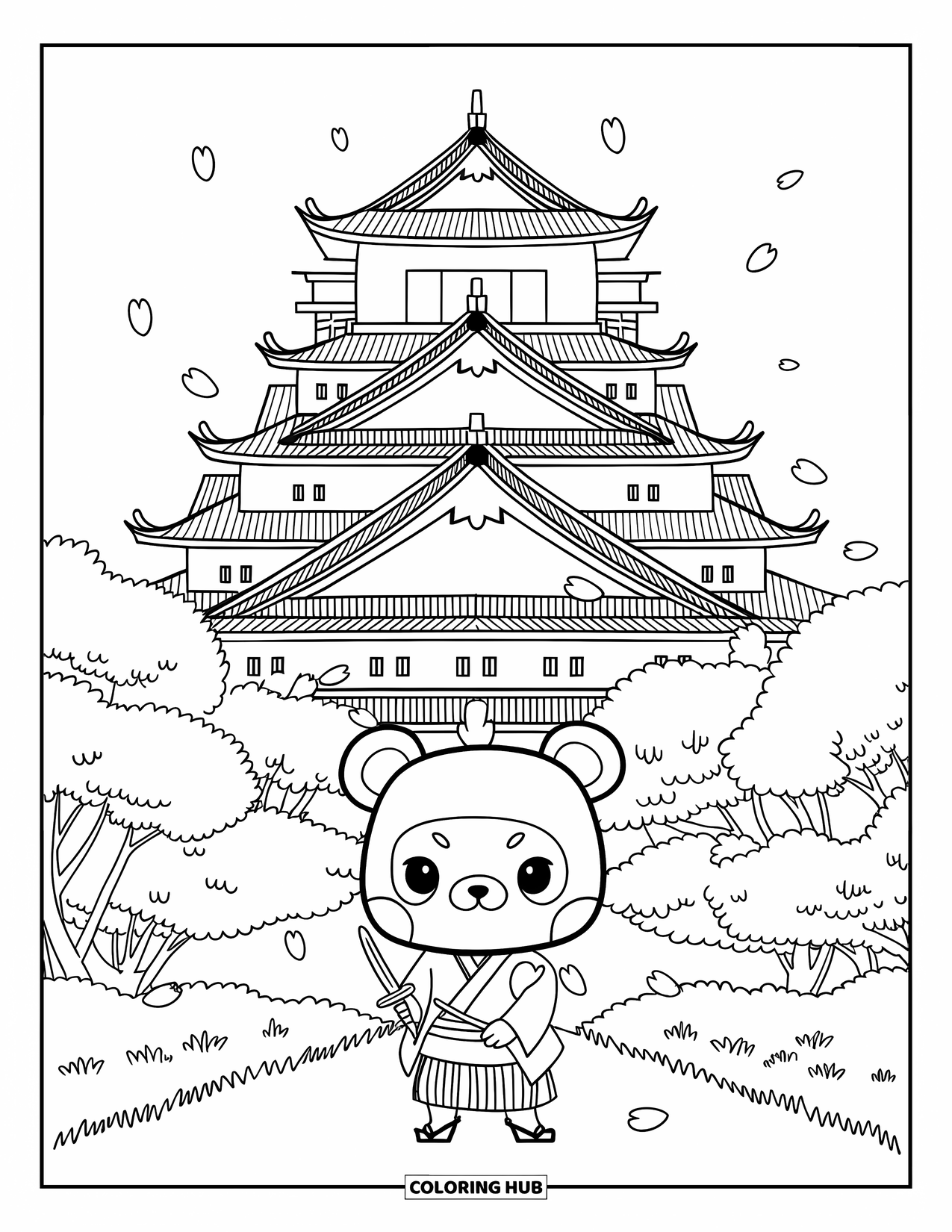 Desen de colorat cu Japonia pentru adulți: Castelul Osaka stă mândru printre cireșii înfloriți, cu un mic urs samurai la intrare