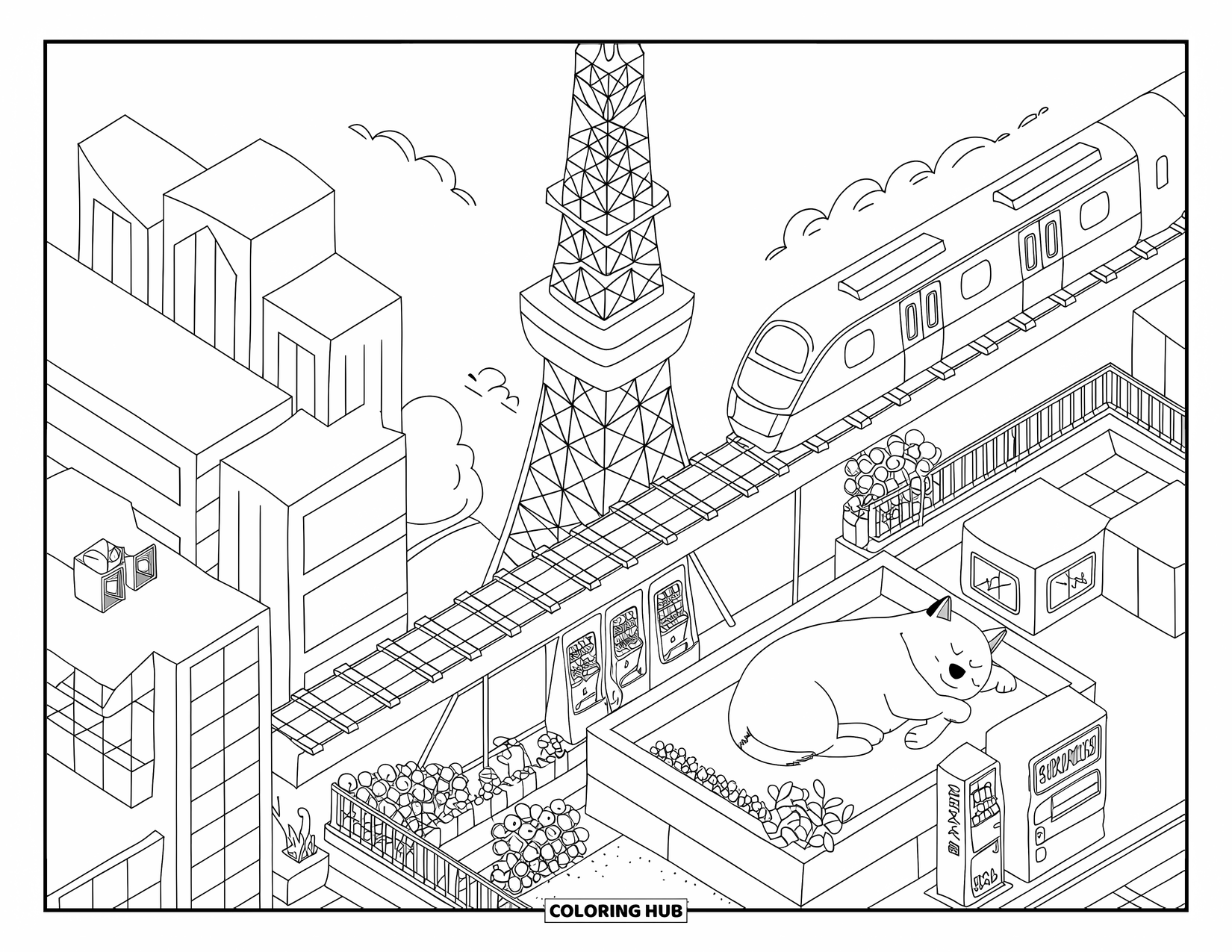 Desen de colorat cu Japonia pentru adulți: Turnul Tokyo se înalță deasupra unui peisaj urban kawaii cu cafenele mici, automate și un shiba inu somnoros