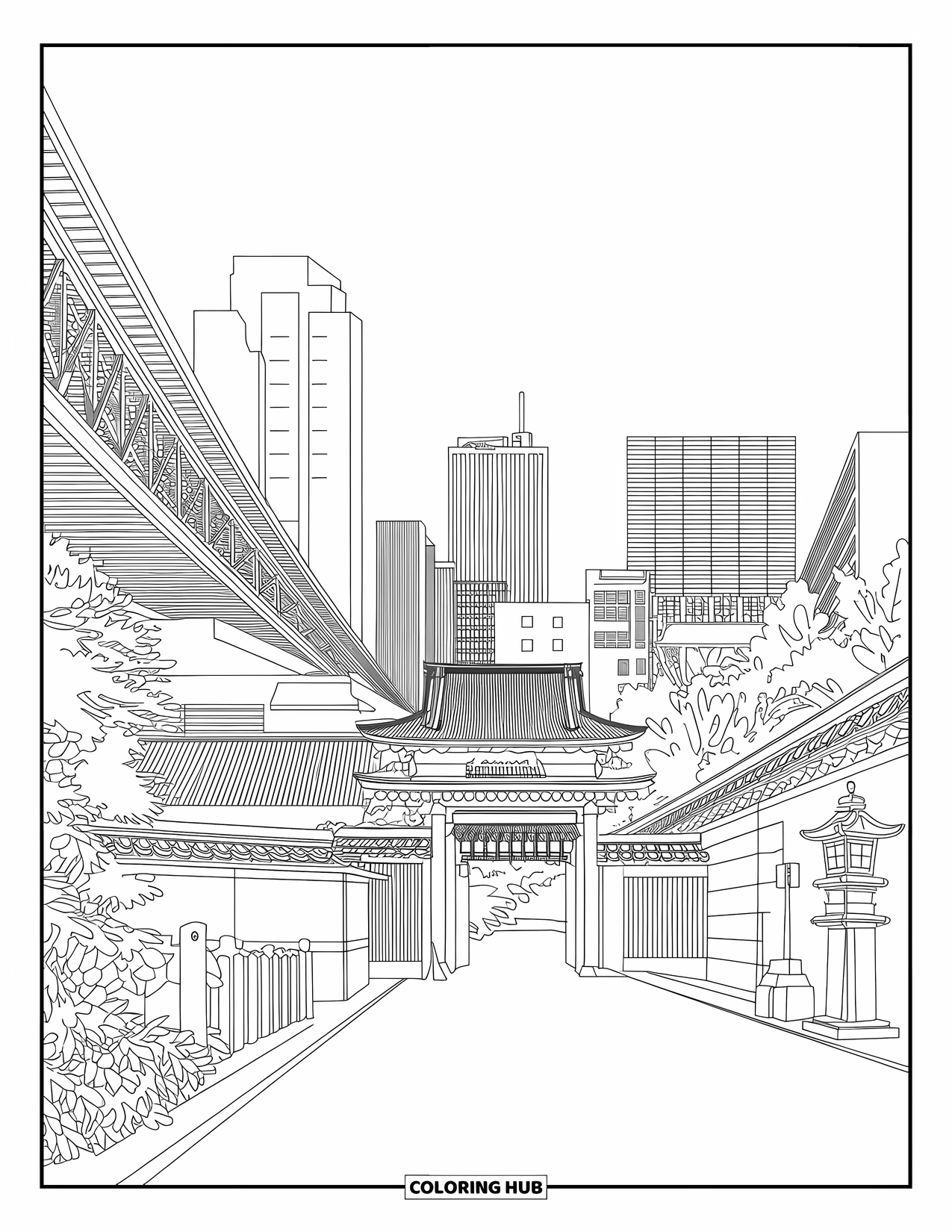 Desen de colorat cu Japonia pentru adulți: Orizontul orașului Tokyo îmbină nou și vechi, cu o potecă mărginită de felinare și modele îndrăznețe