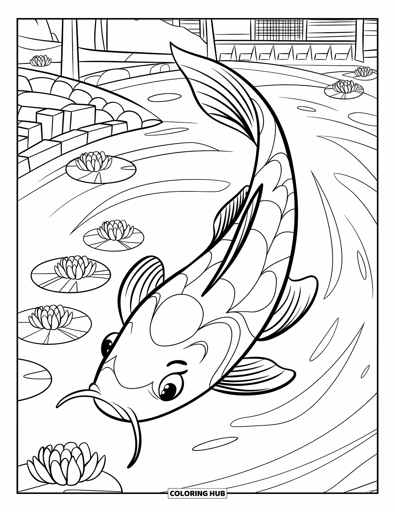 Desen de colorat cu Japonia pentru copii: Un pește koi frumos modelat înoată printre valuri blânde și frunze plutitoare