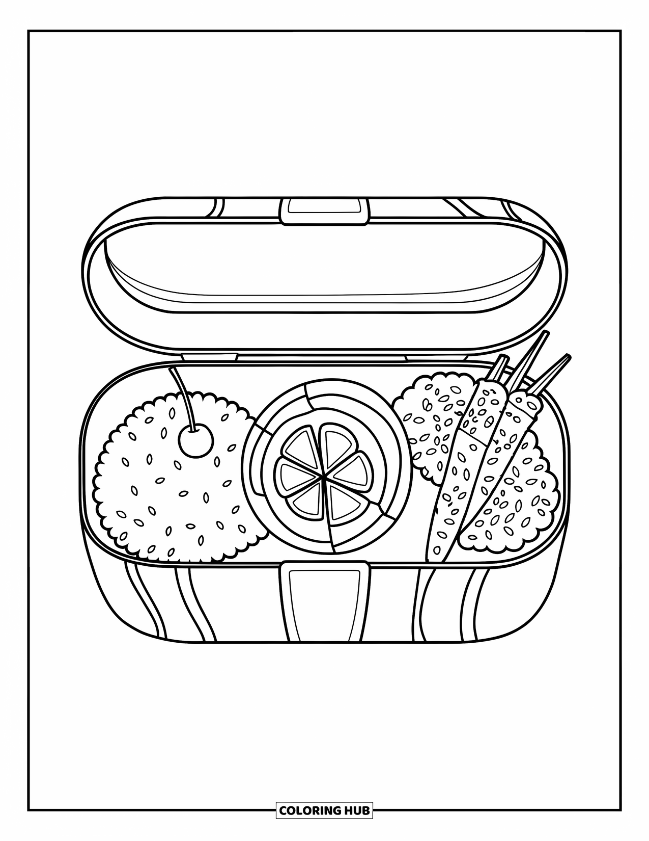 Desen de colorat cu Japonia pentru copii: O cutie bento plină cu sushi, orez și legume este aranjată îngrijit