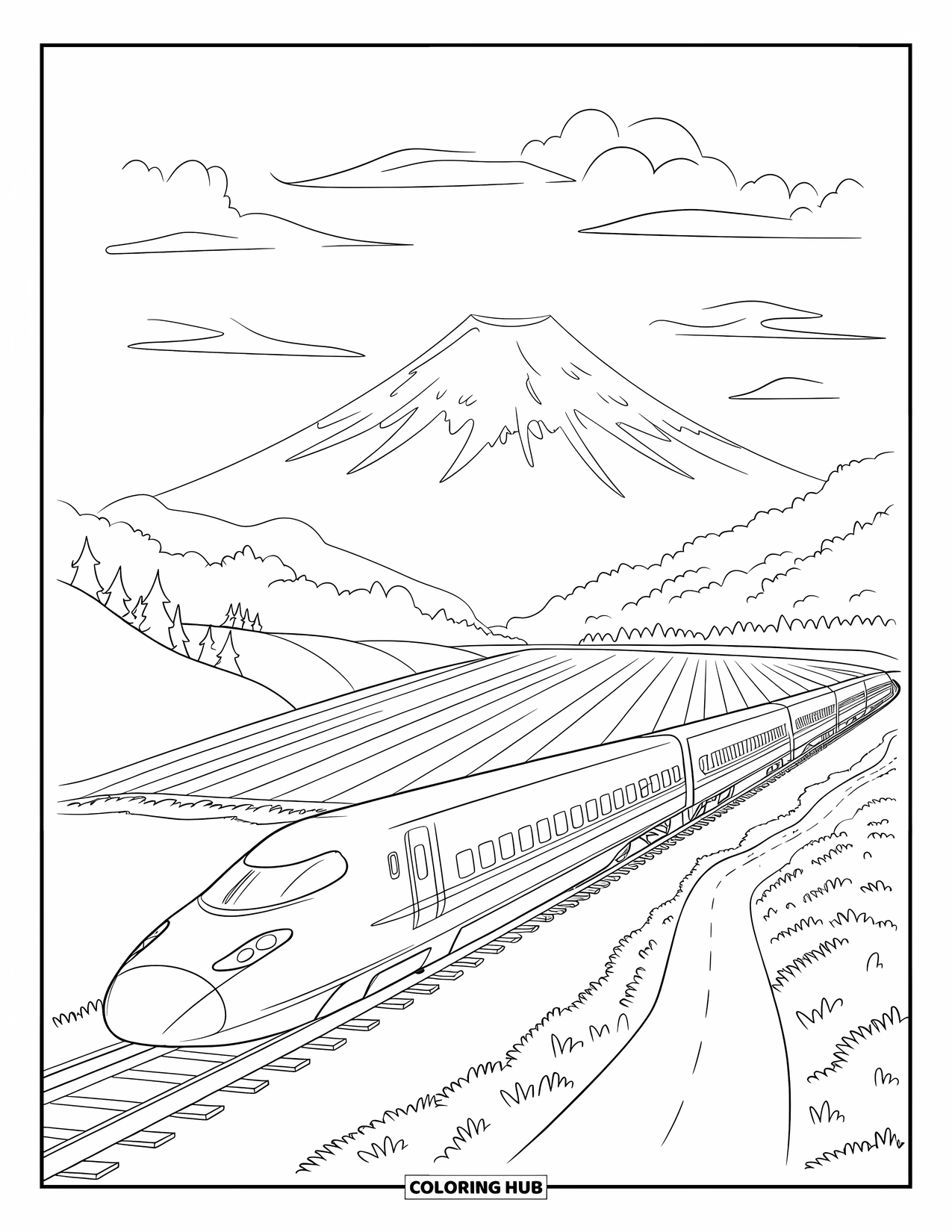 Desen de colorat cu Japonia pentru copii: Un tren glonț gonește pe lângă terenuri agricole și copaci, încadrat de vârful impunător al Mt.