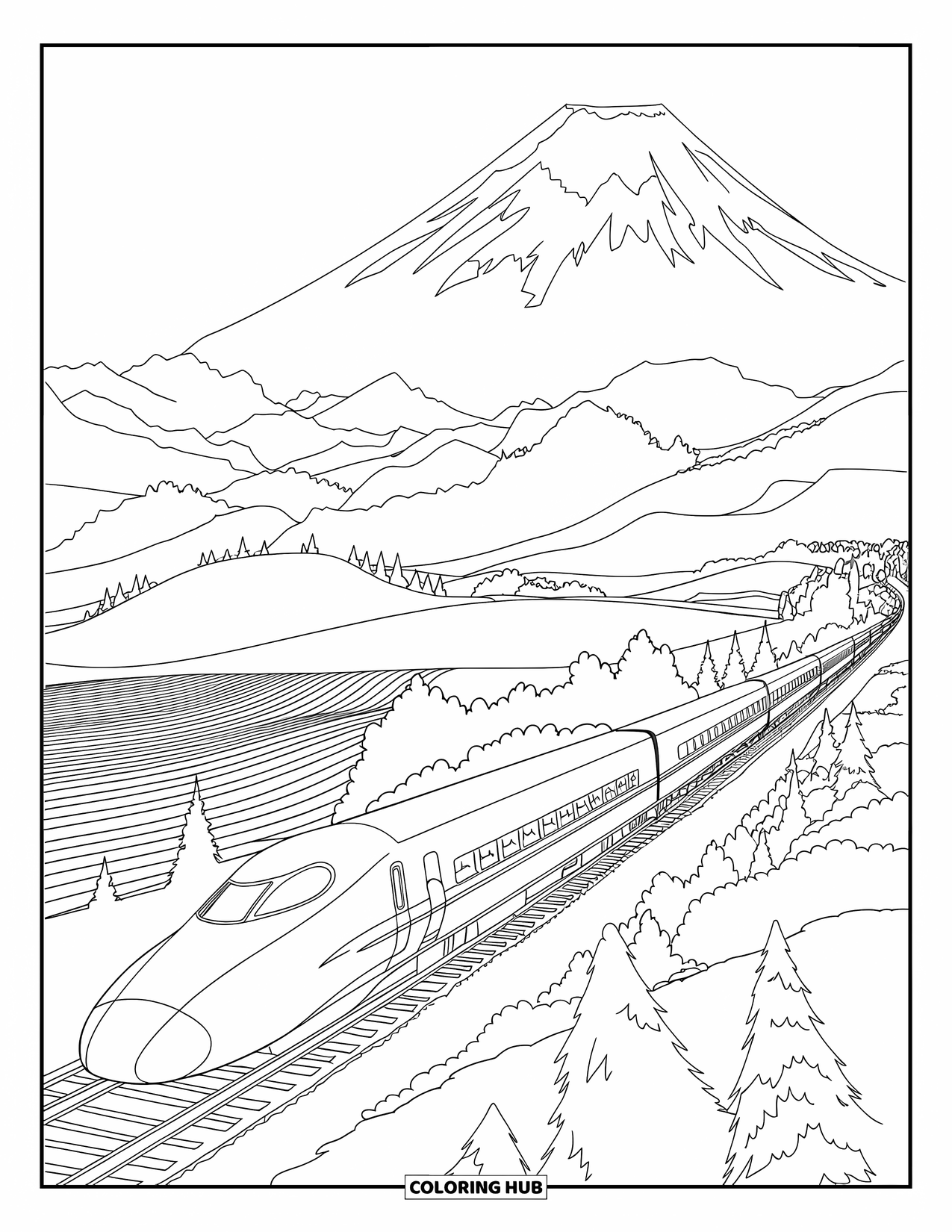 Desen de colorat cu Japonia pentru copii: Un tren glonț gonește pe lângă Mt.