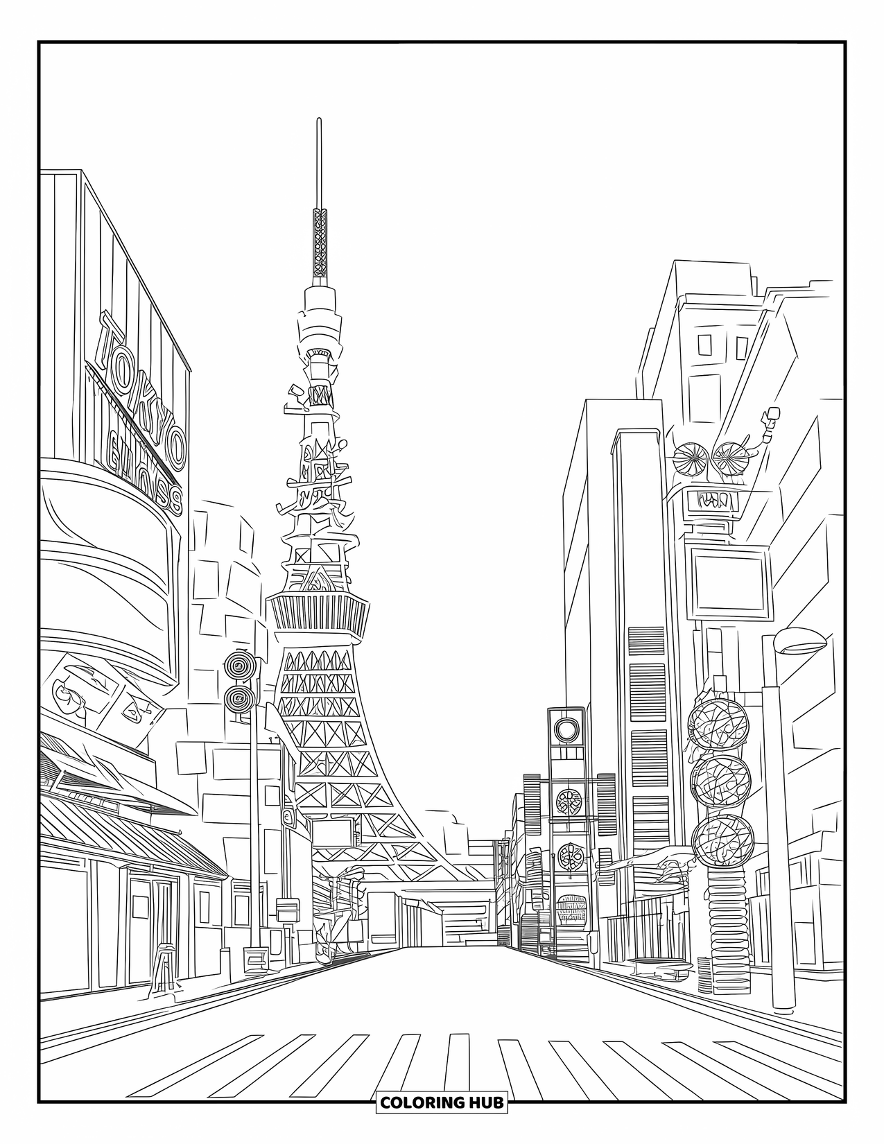 Desen de colorat cu Japonia pentru copii: O stradă aglomerată din Tokyo este luminată de reclamele luminoase cu iconicul Turn Tokyo în depărtare