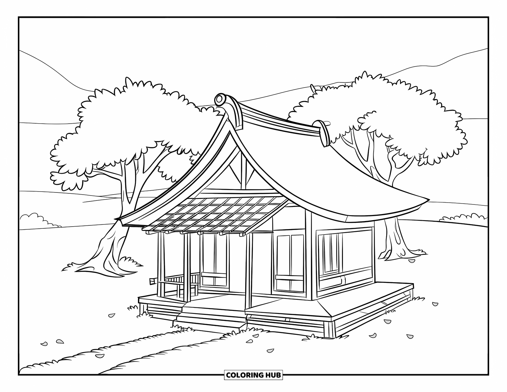 Desen de colorat cu Japonia pentru copii: O casă japoneză fermecătoare, cu uși glisante, se află între doi cireși înfloriți