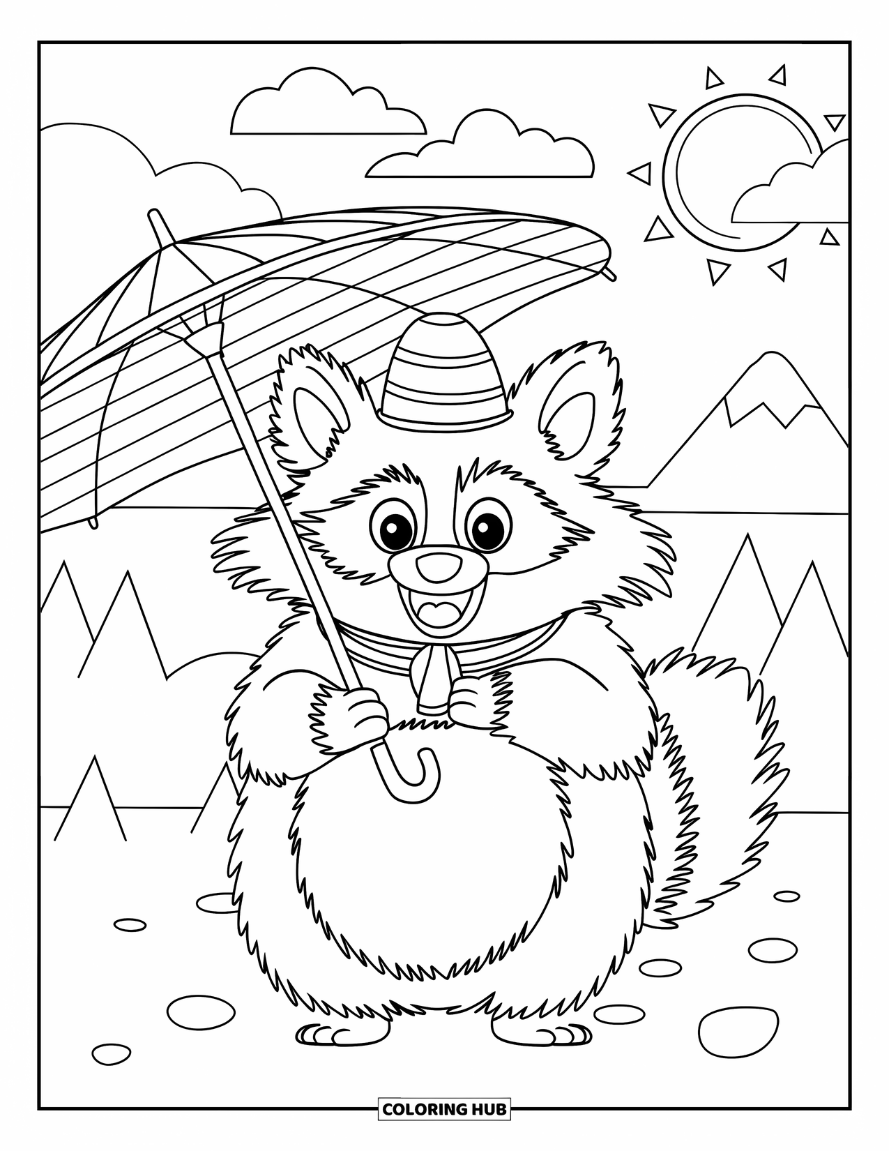 Desen de colorat cu Japonia pentru copii: Un tanuki vesel, cu o pălărie de paie, se relaxează sub un copac, bucurându-se de aerul proaspăt