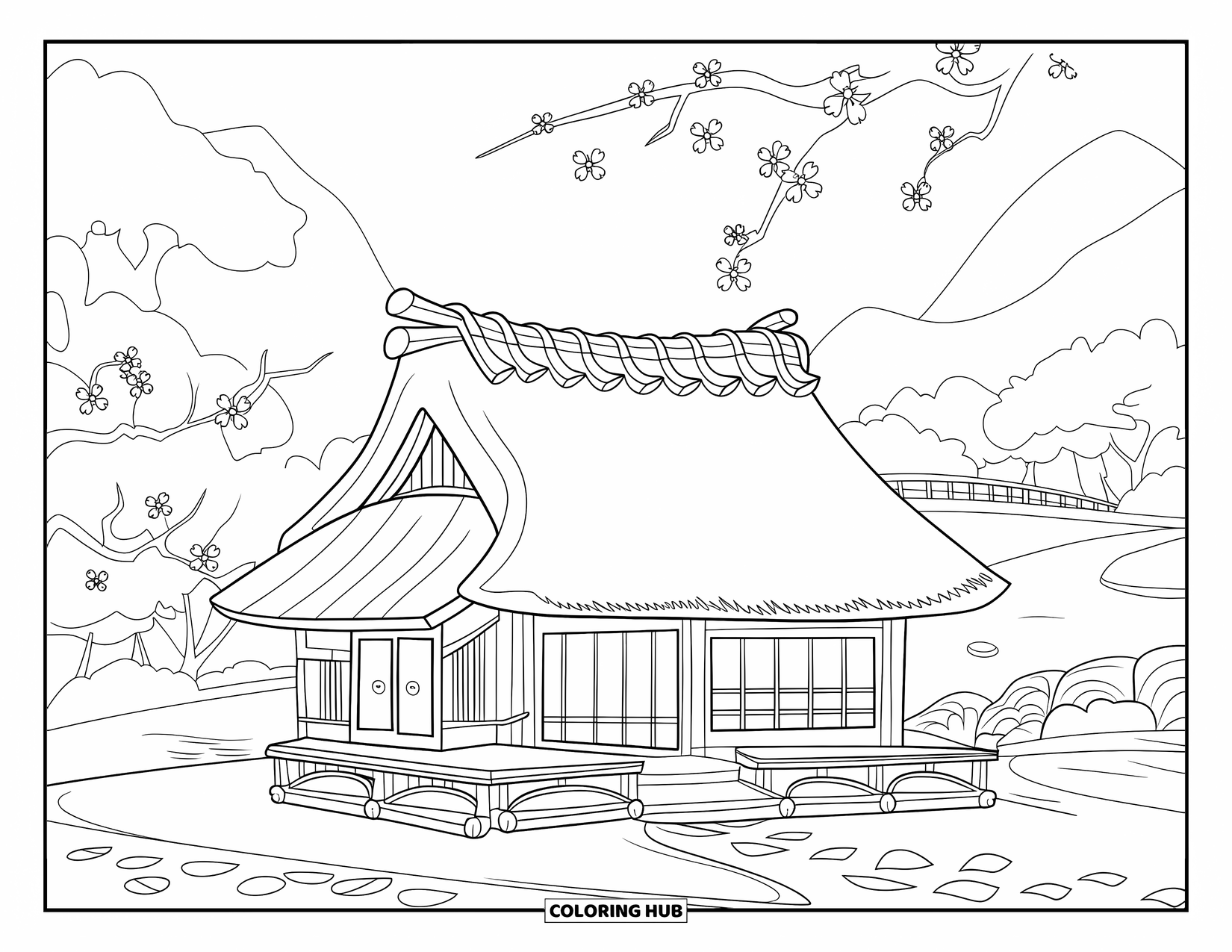 Desen de colorat cu Japonia pentru copii: O casă confortabilă din lemn, cu un acoperiș curbat, este înconjurată de cireși sakura înfloriți