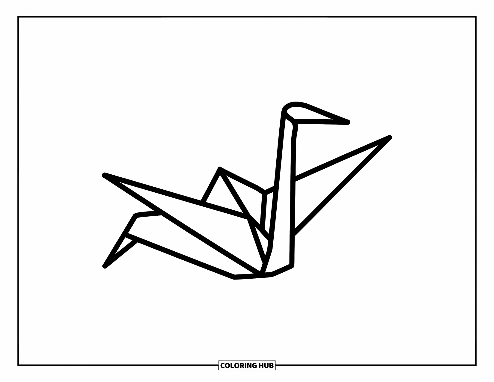 Desen de colorat cu Japonia pentru copii: Un cocor delicat de hârtie alunecă prin aer, conturat cu linii curate și îndrăznețe