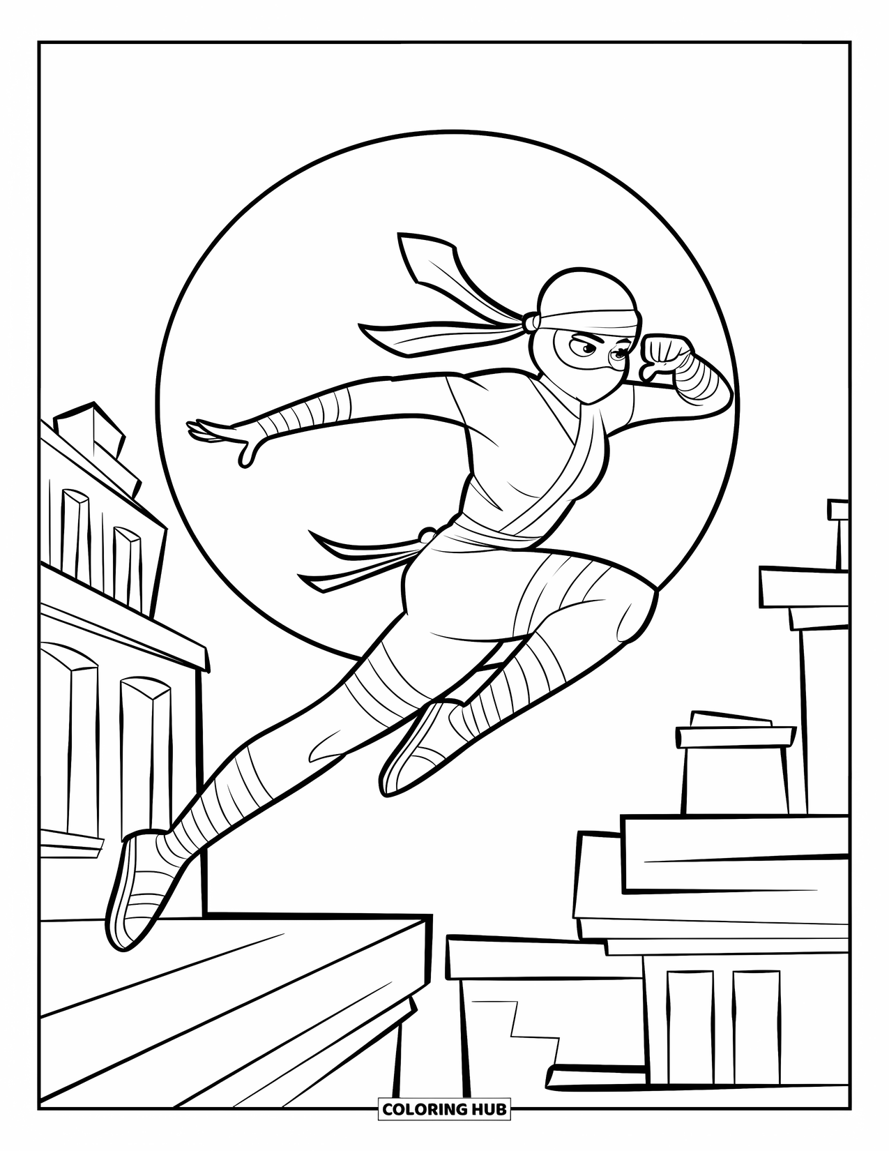 Desen de colorat cu Japonia pentru copii: O ninja sare de pe un acoperiș sub luna plină strălucitoare