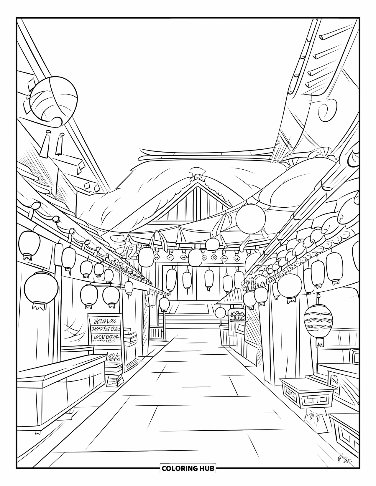 Desen de colorat cu Japonia pentru copii: O stradă de festival este mărginită de felinare, tarabe și clădiri tradiționale japoneze din lemn