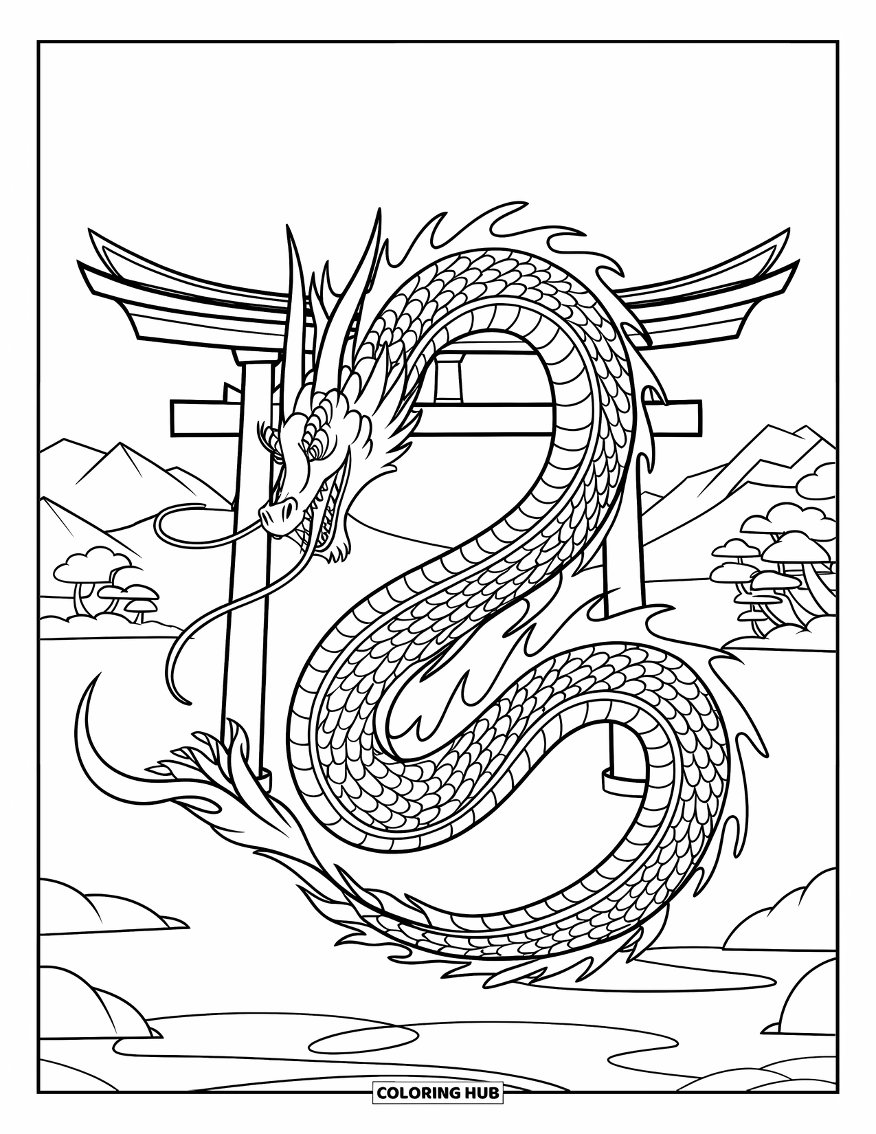 Desen de colorat cu Japonia pentru copii: Un dragon feroce se înfășoară în jurul unei porți torii, cu vedere la un peisaj montan liniștit