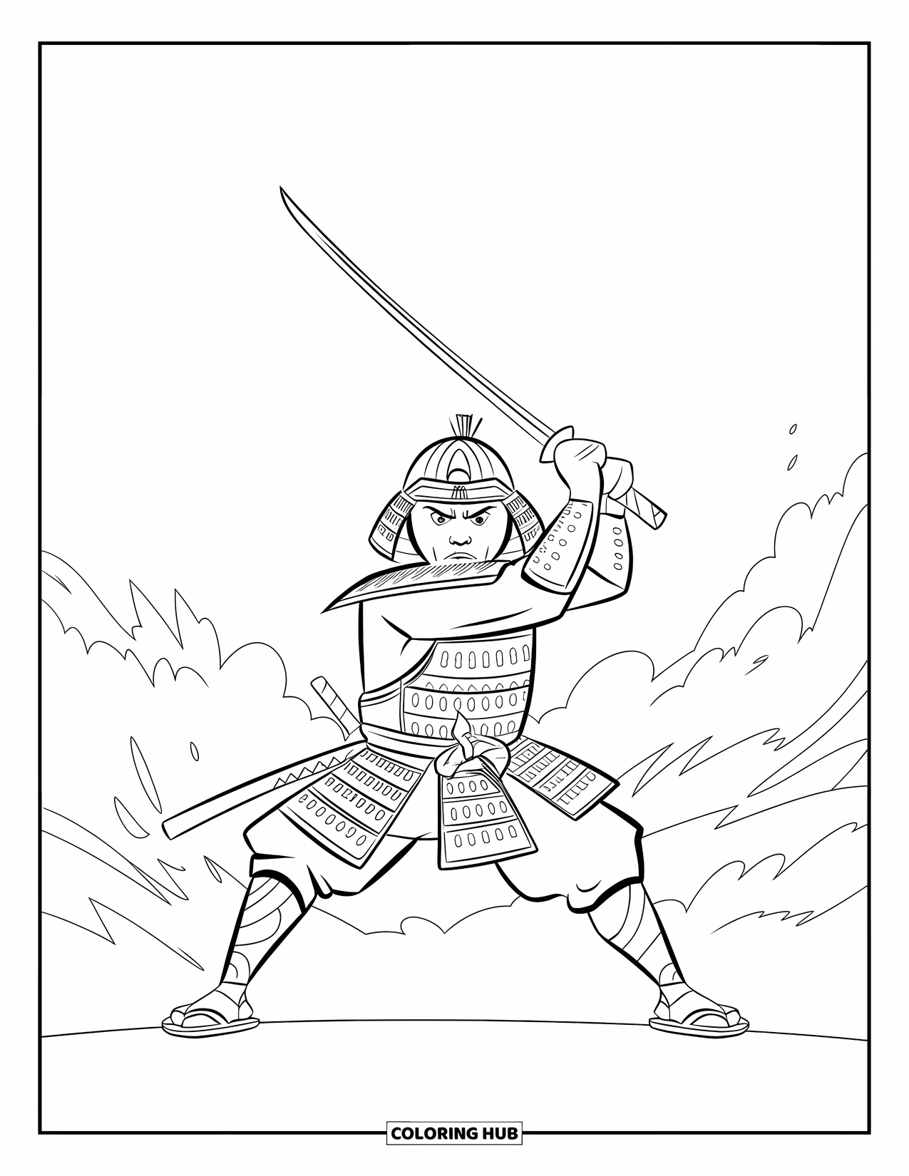 Desen de colorat cu Japonia pentru copii: Un samurai feroce, cu cască și robe, își strânge katana, pregătit pentru luptă