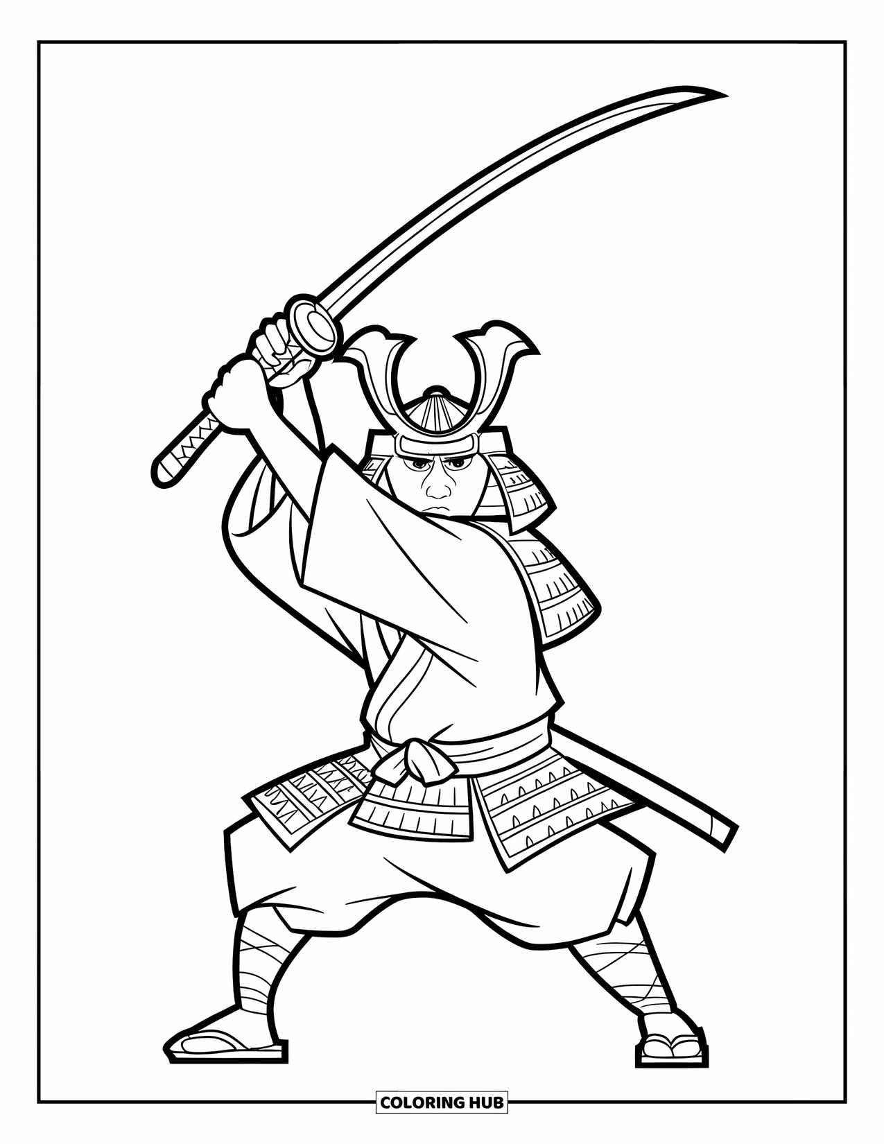 Desen de colorat cu Japonia pentru copii: Un samurai feroce stă gata de luptă, strângând o katana cu precizie