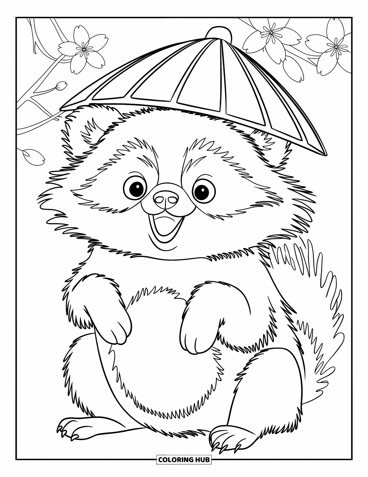 Desen de colorat cu Japonia pentru copii: Un tanuki pufos, cu burtă rotundă, stă fericit sub cireșii înfloriți