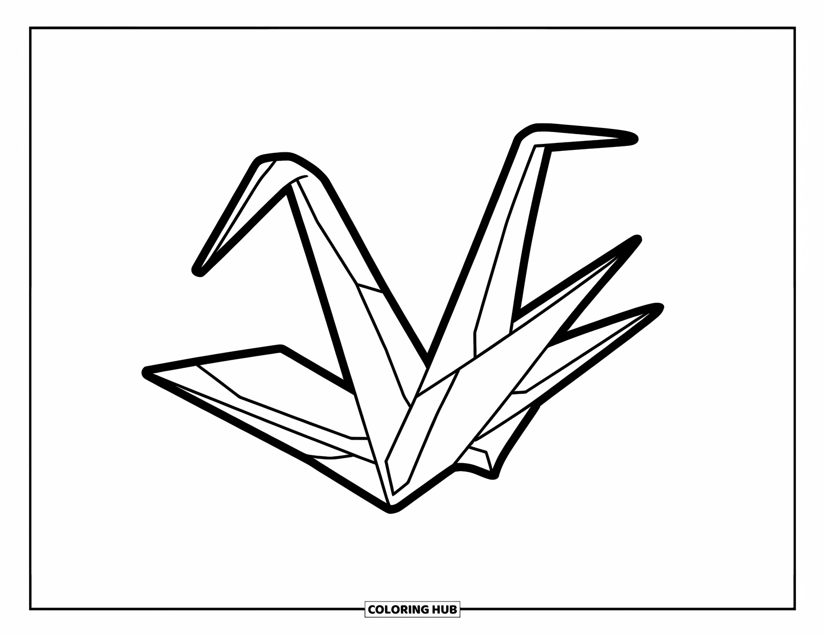 Desen de colorat cu Japonia pentru copii: Un cocor origami pliat plutește ușor în aer, aripile sale fiind întinse larg