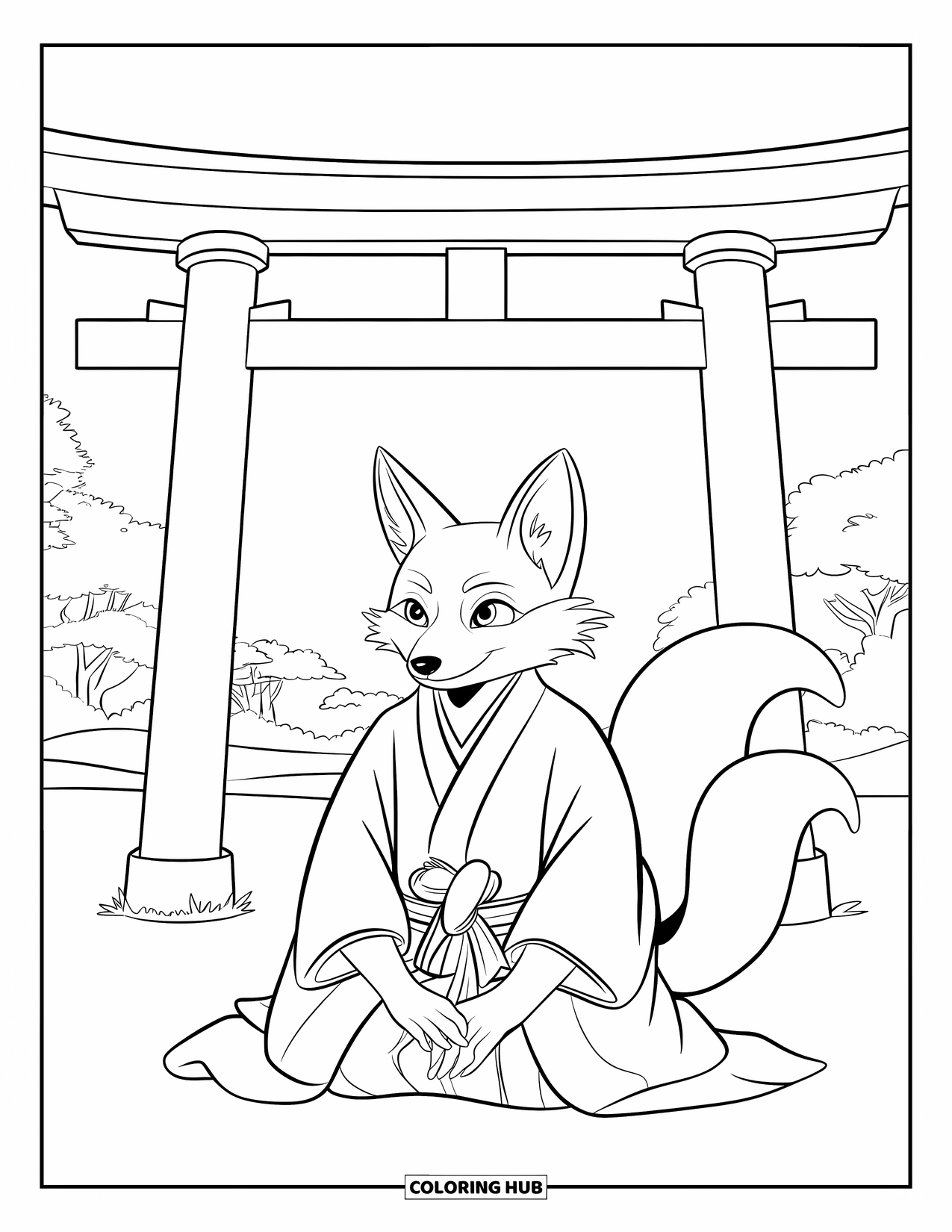 Desen de colorat cu Japonia pentru copii: Un spirit vulpoi cu robe largi și nouă cozi stă lângă o poartă torii tradițională