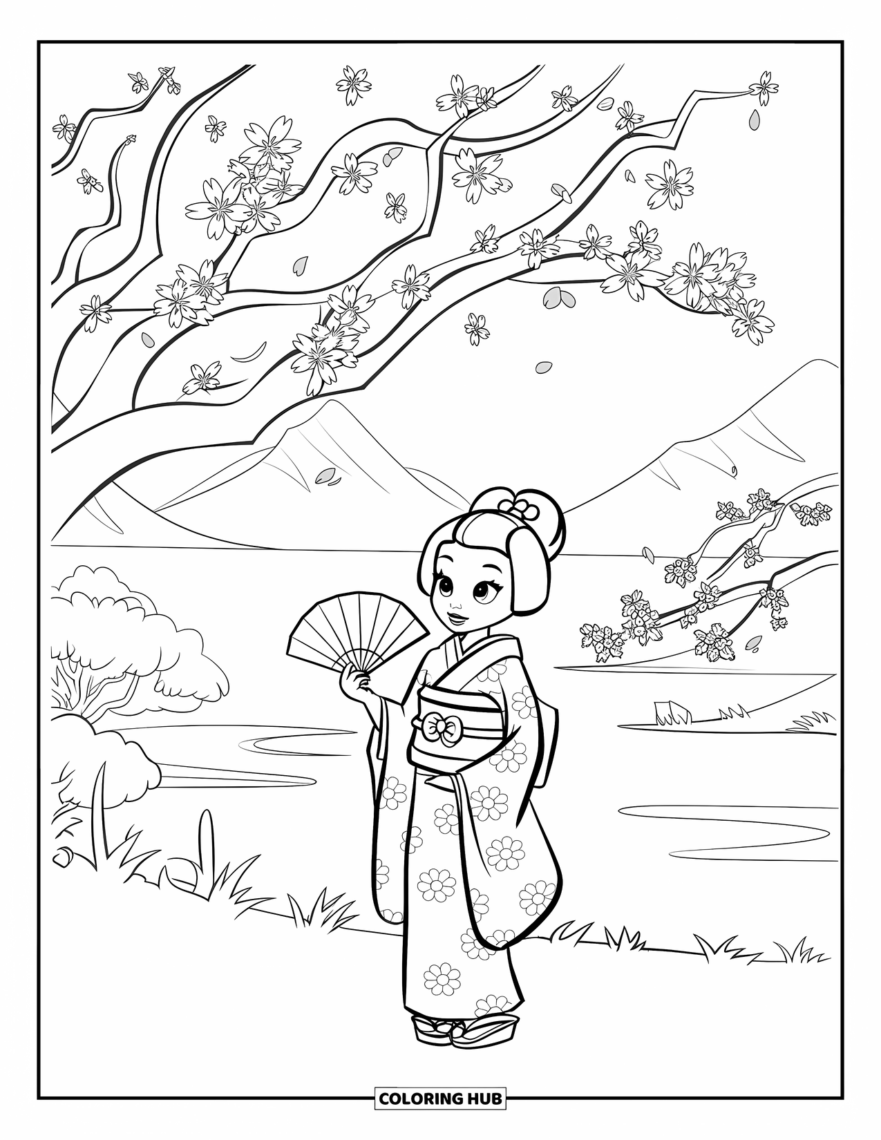 Desen de colorat cu Japonia pentru copii: O fată în kimono stă sub un cireș înflorit, ținând un evantai delicat