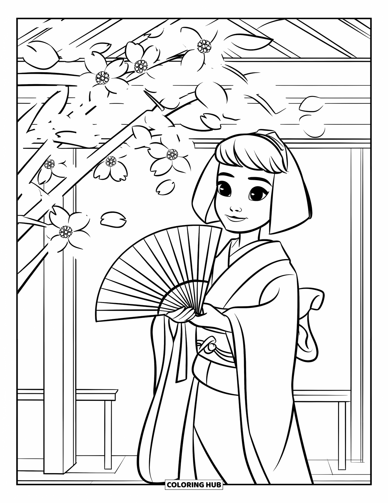 Desen de colorat cu Japonia pentru copii: O fată într-un kimono modelat ține un evantai sub un cireș sakura înflorit
