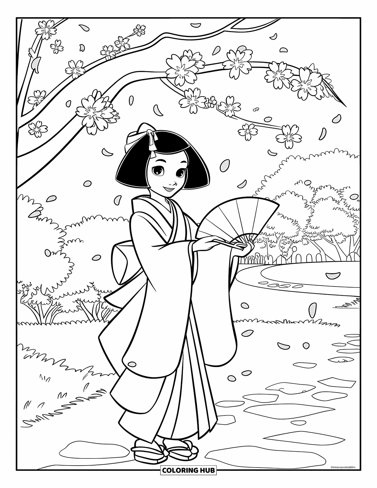 Desen de colorat cu Japonia pentru copii: O fată cu părul lung și un evantai stă sub cireșii roz înfloriți într-un parc senin