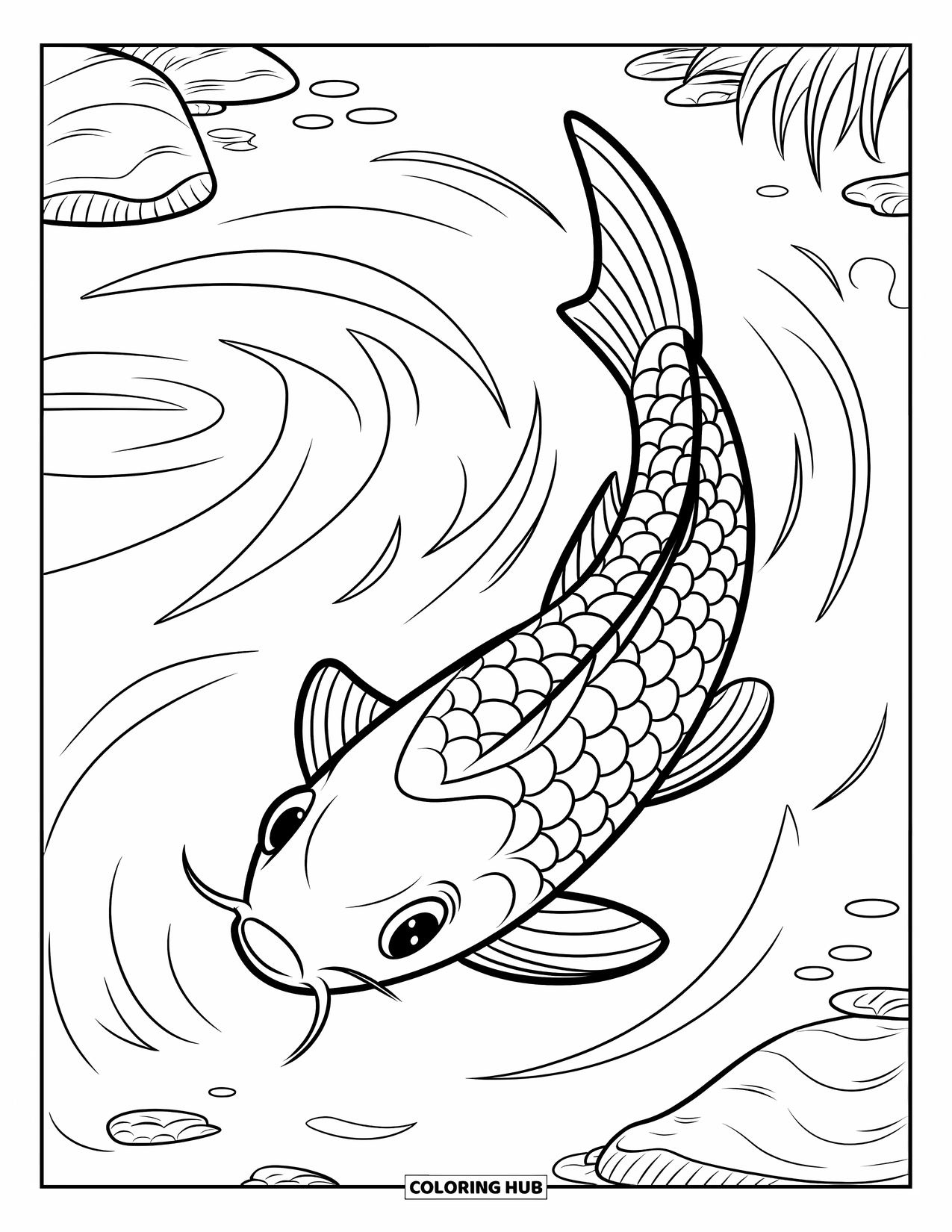Desen de colorat cu Japonia pentru copii: Un pește koi grațios alunecă printr-un iaz cu modele de apă vârtejitoare