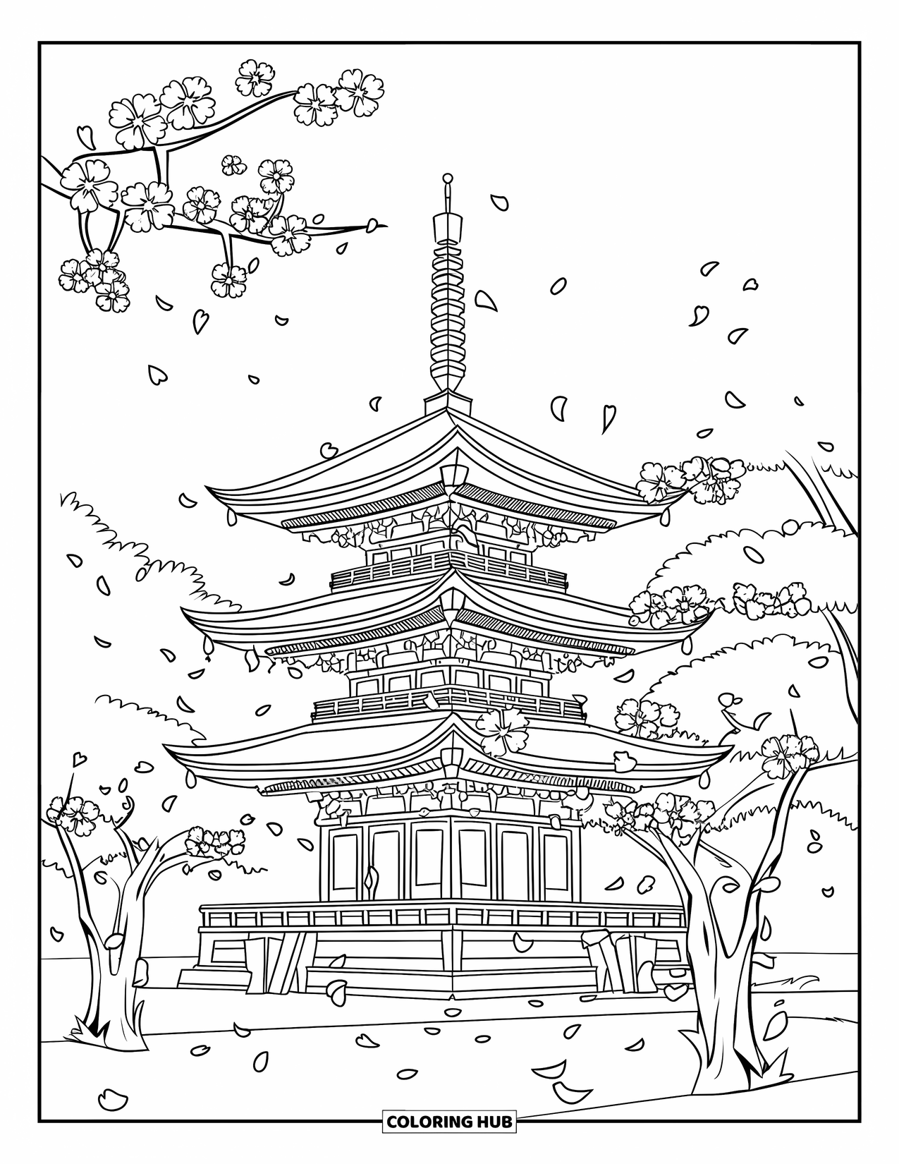 Desen de colorat cu Japonia pentru copii: O pagodă grandioasă stă înaltă, înconjurată de cireși înfloriți cu petale căzătoare