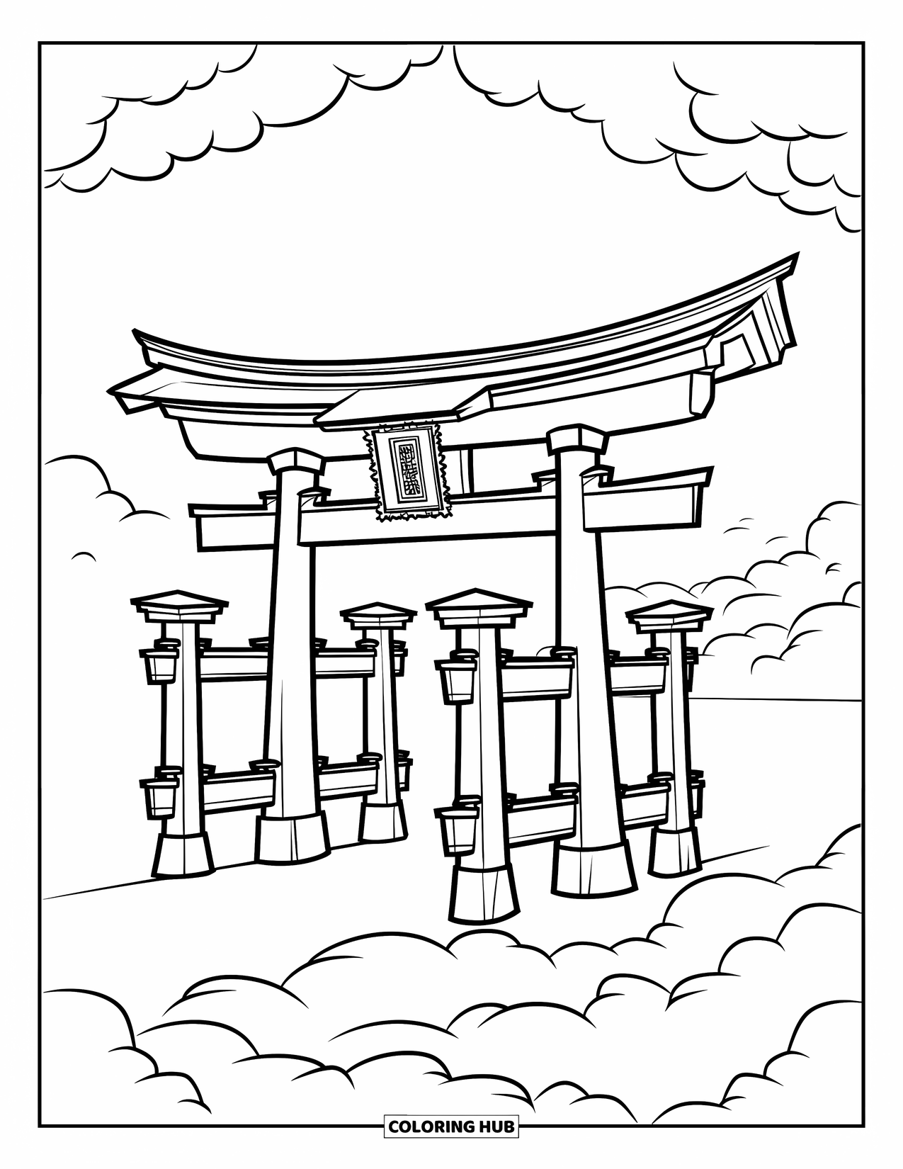 Desen de colorat cu Japonia pentru copii: O poartă torii grandioasă, cu stâlpi curbați, stă înaltă, înconjurată de nori moi