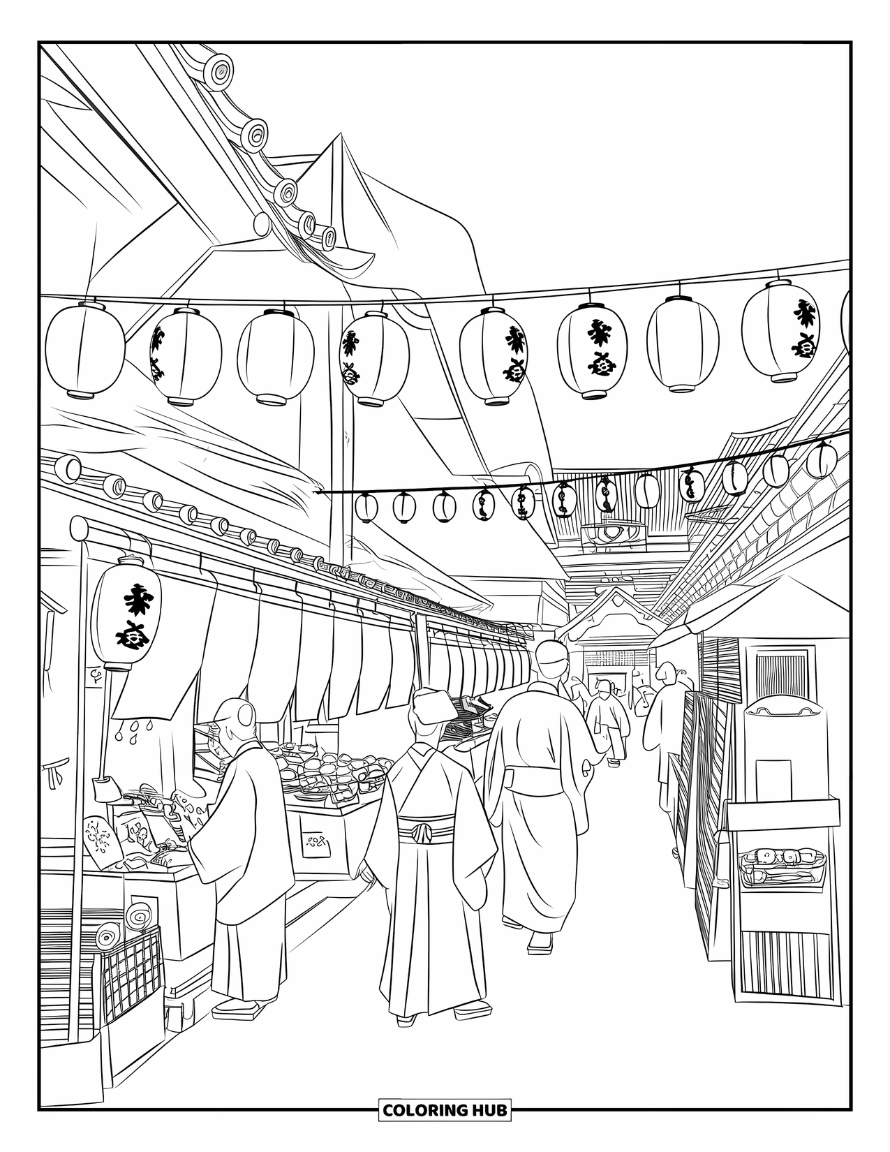 Desen de colorat cu Japonia pentru copii: Un festival stradal japonez are felinare, tarabe cu mâncare și oameni în kimono tradiționale