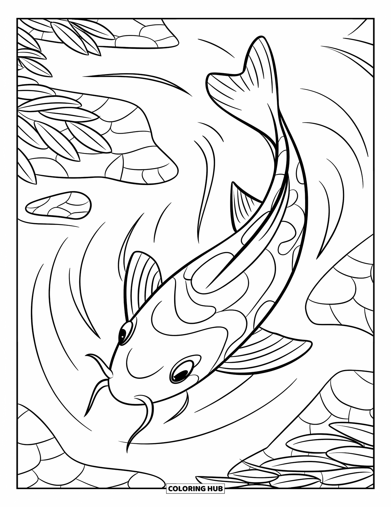 Desen de colorat cu Japonia pentru copii: Un pește koi cu aripioare curgătoare înoată pașnic într-un iaz, solzii săi strălucind