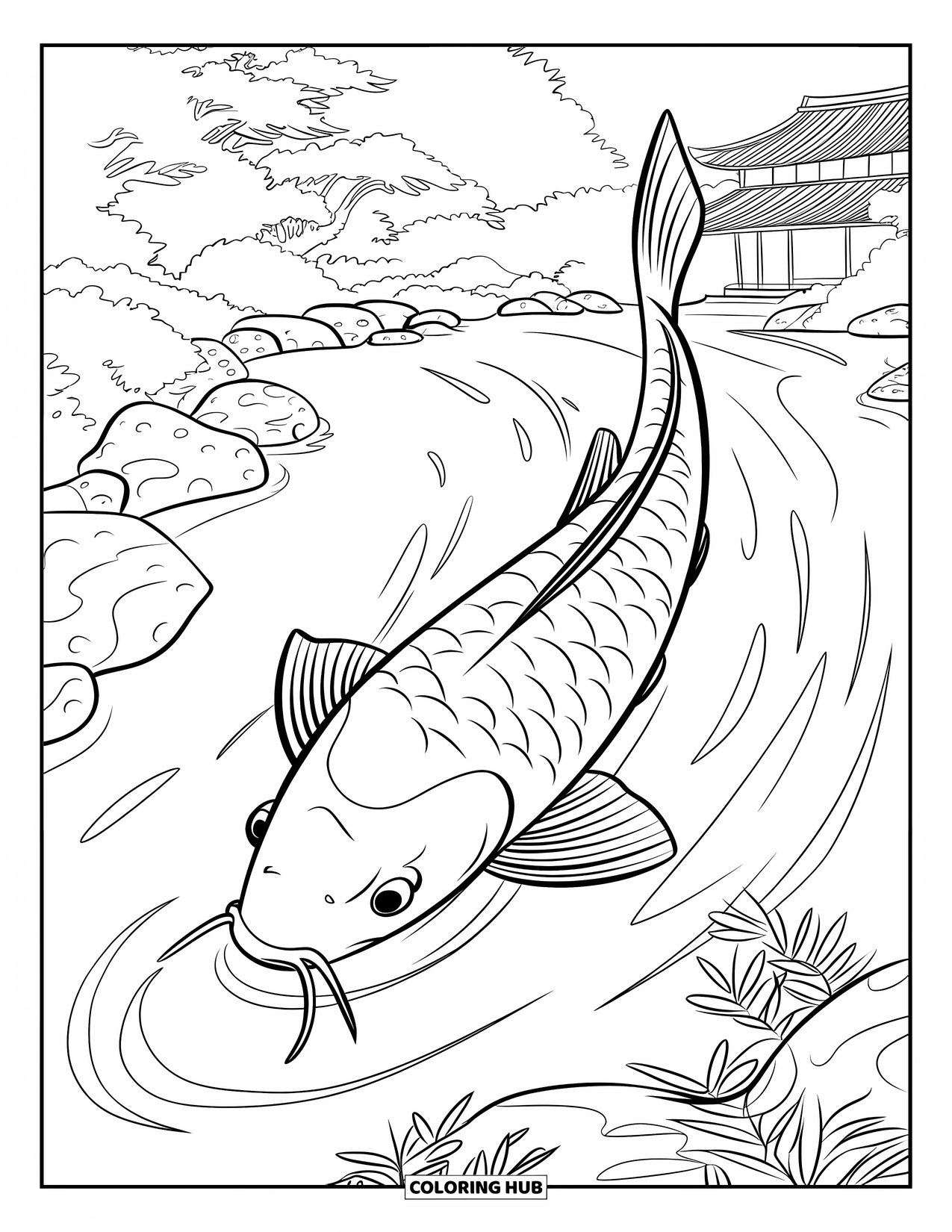 Desen de colorat cu Japonia pentru copii: Un pește koi mare înoată într-un iaz ondulat, înconjurat de nuferi