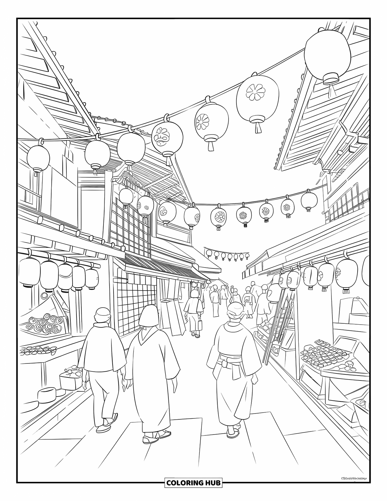 Desen de colorat cu Japonia pentru copii: O stradă de festival plină de viață este plină de tarabe cu mâncare, felinare și oameni în kimono