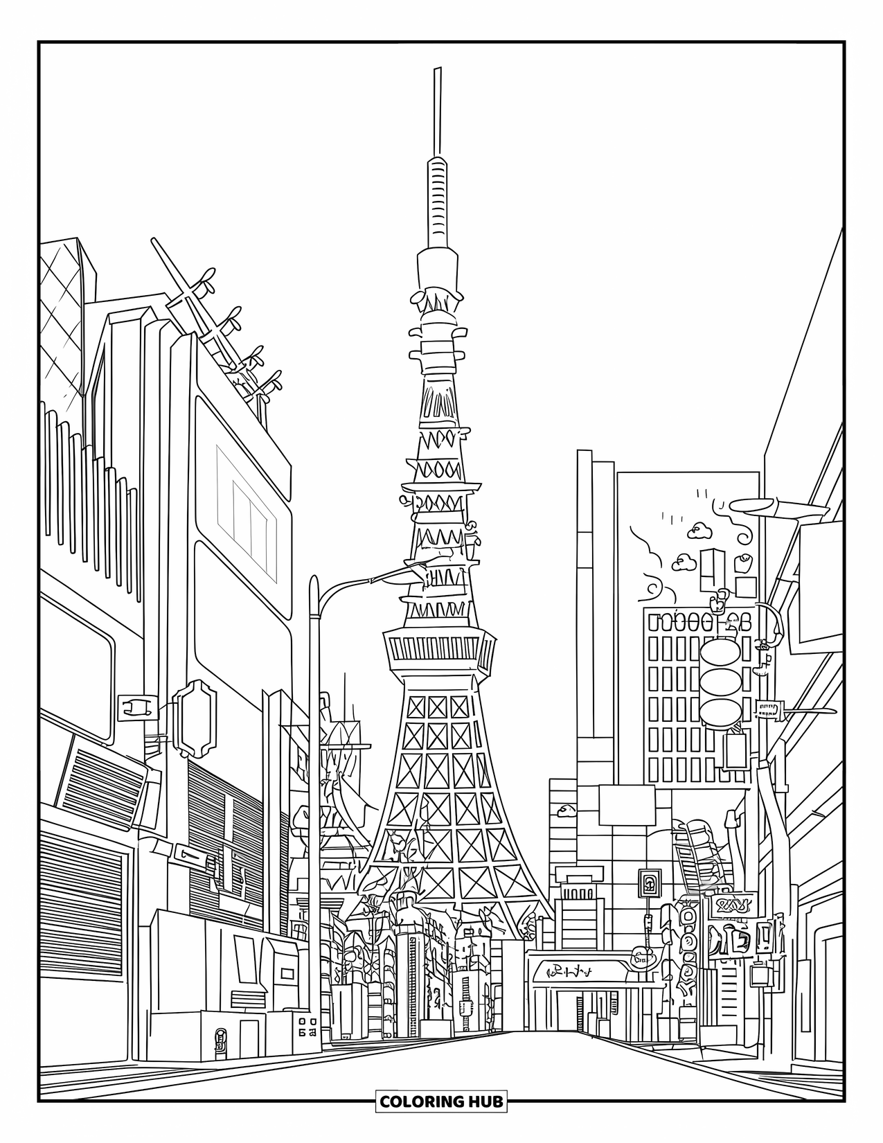 Desen de colorat cu Japonia pentru copii: Un orizont plin de viață al orașului Tokyo, cu semne luminoase și clădiri impunătoare, se află pe fundalul cerului nocturn