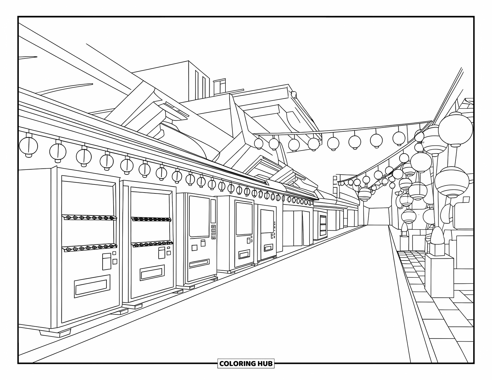 Desen de colorat cu Japonia pentru copii: O scenă plină de viață de pe o stradă din Tokyo prezintă magazine mici, automate și felinare suspendate