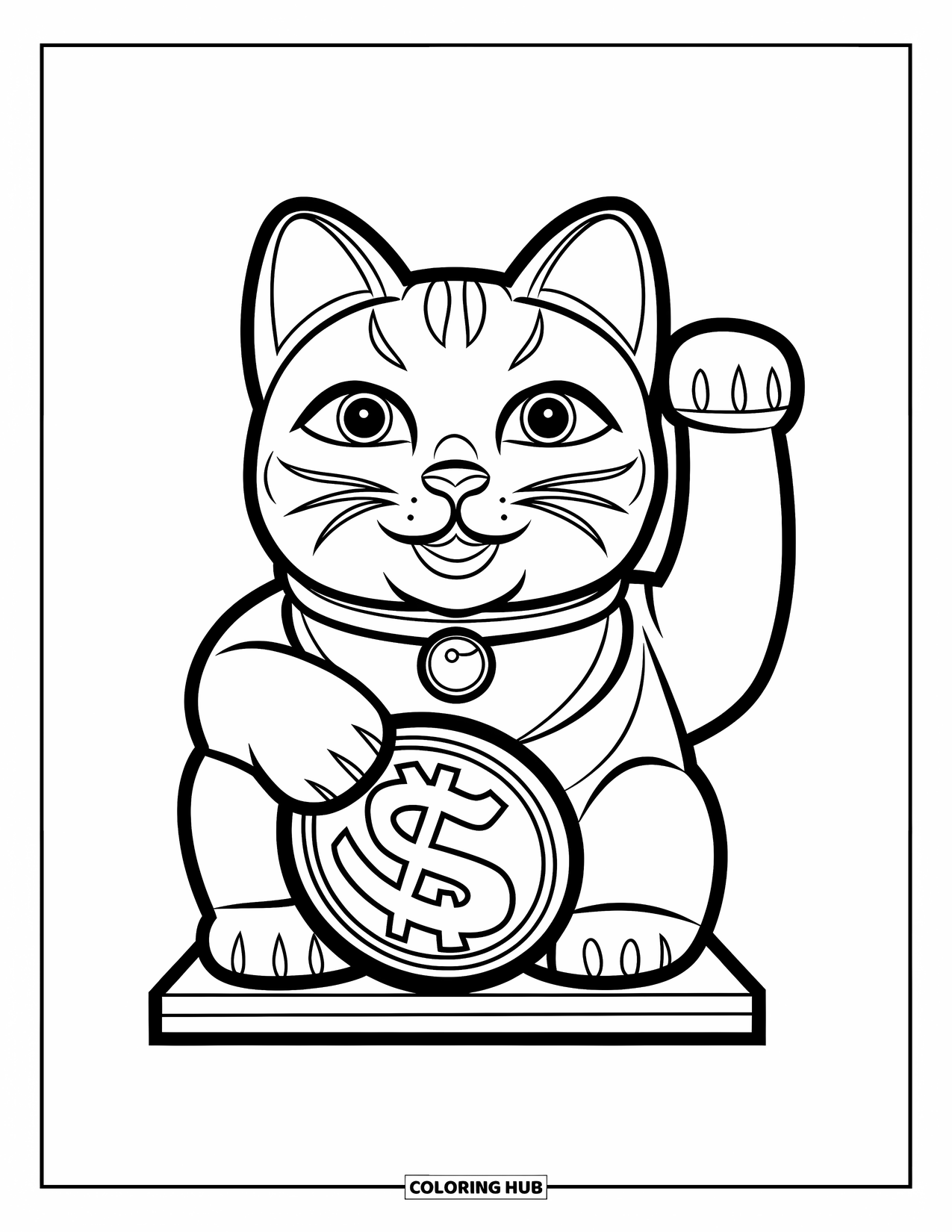 Desen de colorat cu Japonia pentru copii: O pisică norocoasă (Maneki Neko) își ridică laba în timp ce ține o monedă mare