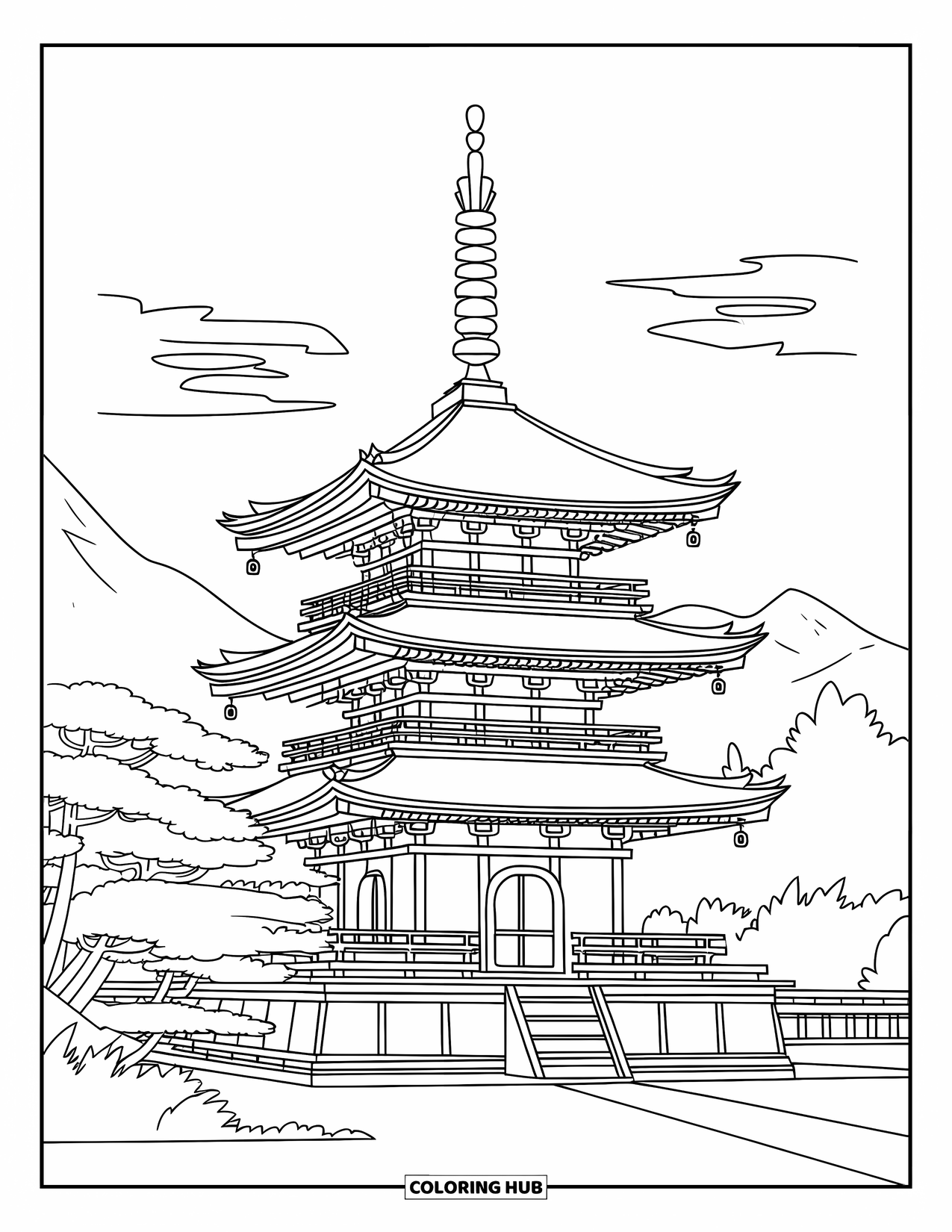 Desen de colorat cu Japonia pentru copii: O pagodă cu mai multe niveluri stă înaltă, înconjurată de verdeață și munți îndepărtați